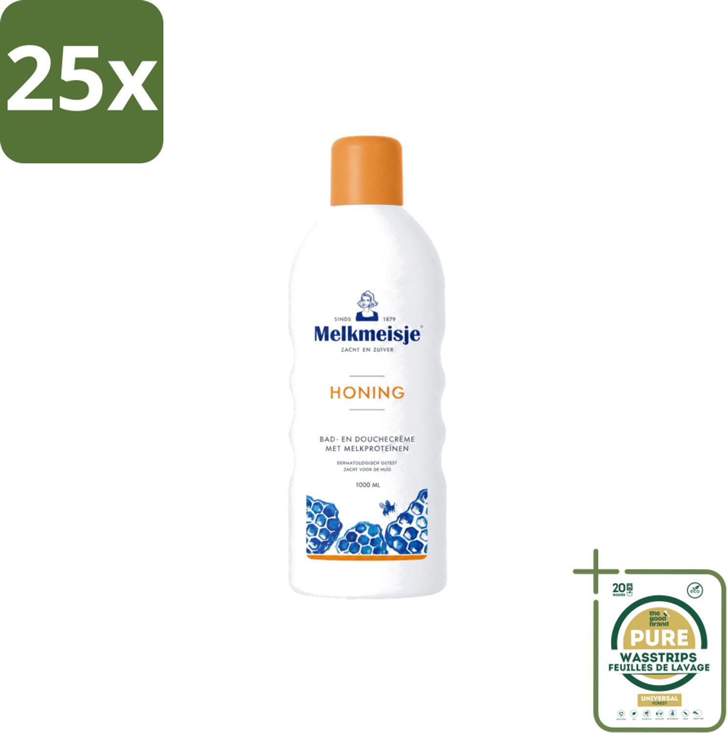 25 x Melkmeisje – Bad & Douche – Honing – 1000 ml - Wasstrips - Bad En Douche Crème - Honing Crème - Voedend Badmiddel - Verzorgend Badmiddel - Honinggeur