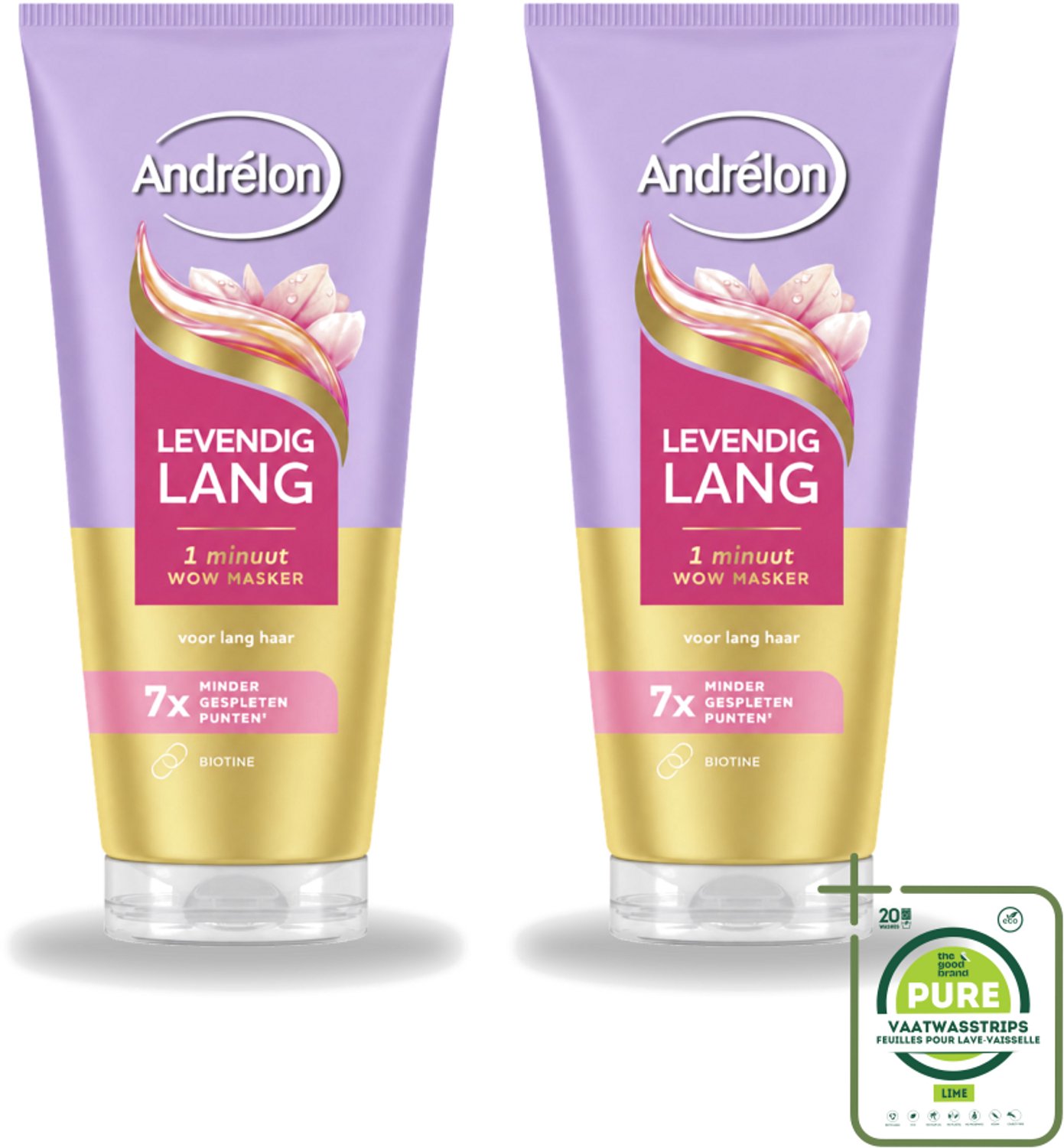 2 x Andrélon – Haarmasker WOW – Levendig Lang – 180 ml - Grootverpakking - Vaatwasstrips - Haarmasker - Lang Haar - Gespleten Punten - Haarversterking - Biotine