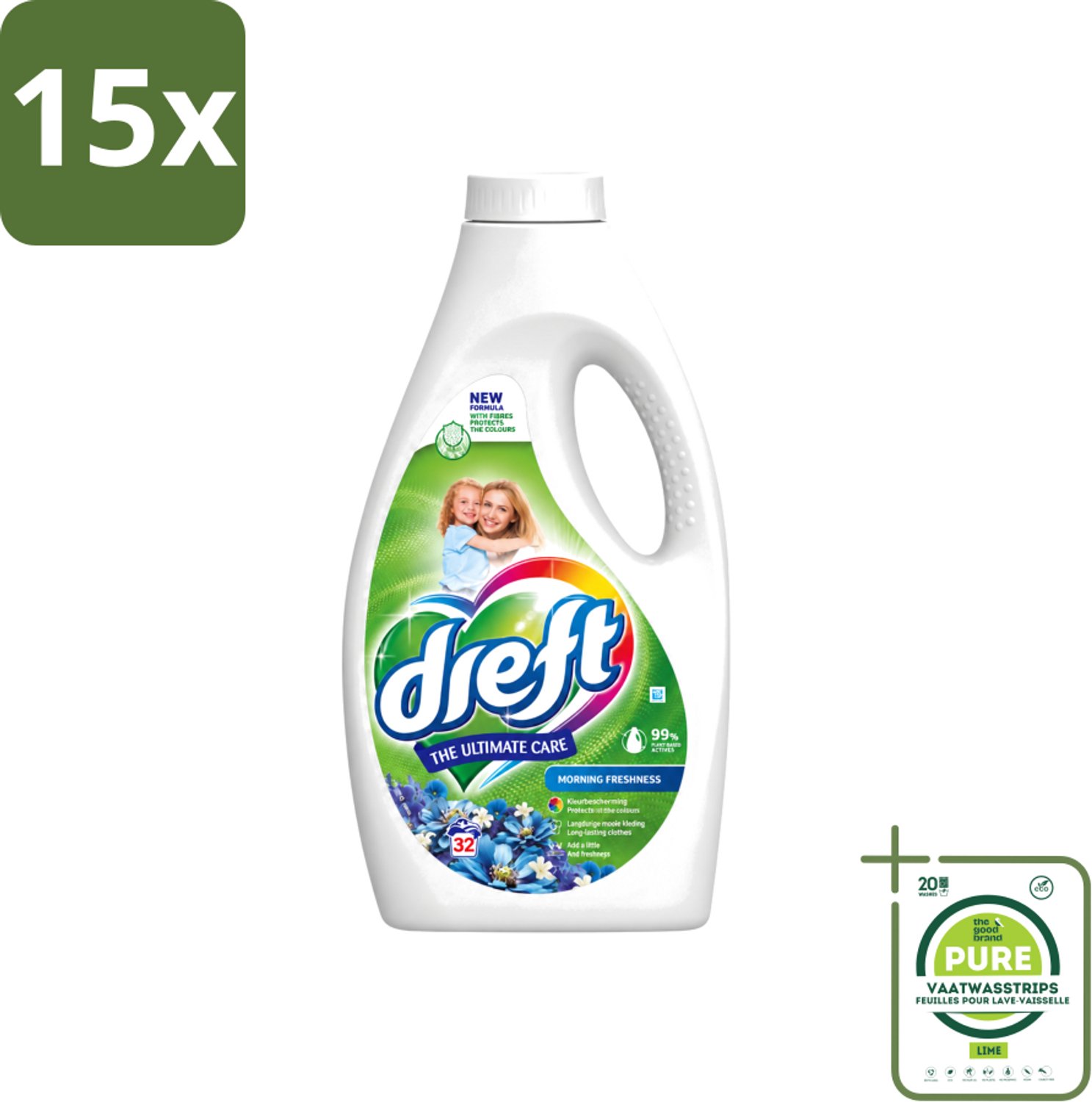 15 x Dreft - Ultimate Care - Vloeibaar Wasmiddel - Gekleurde Was - Ochtendfris - 32 Wasbeurten - Grootverpakking - Vaatwasstrips - Gekleurde Was - Ochtendfris - Wasmiddel - Wasbeurt - Kleurbescherming