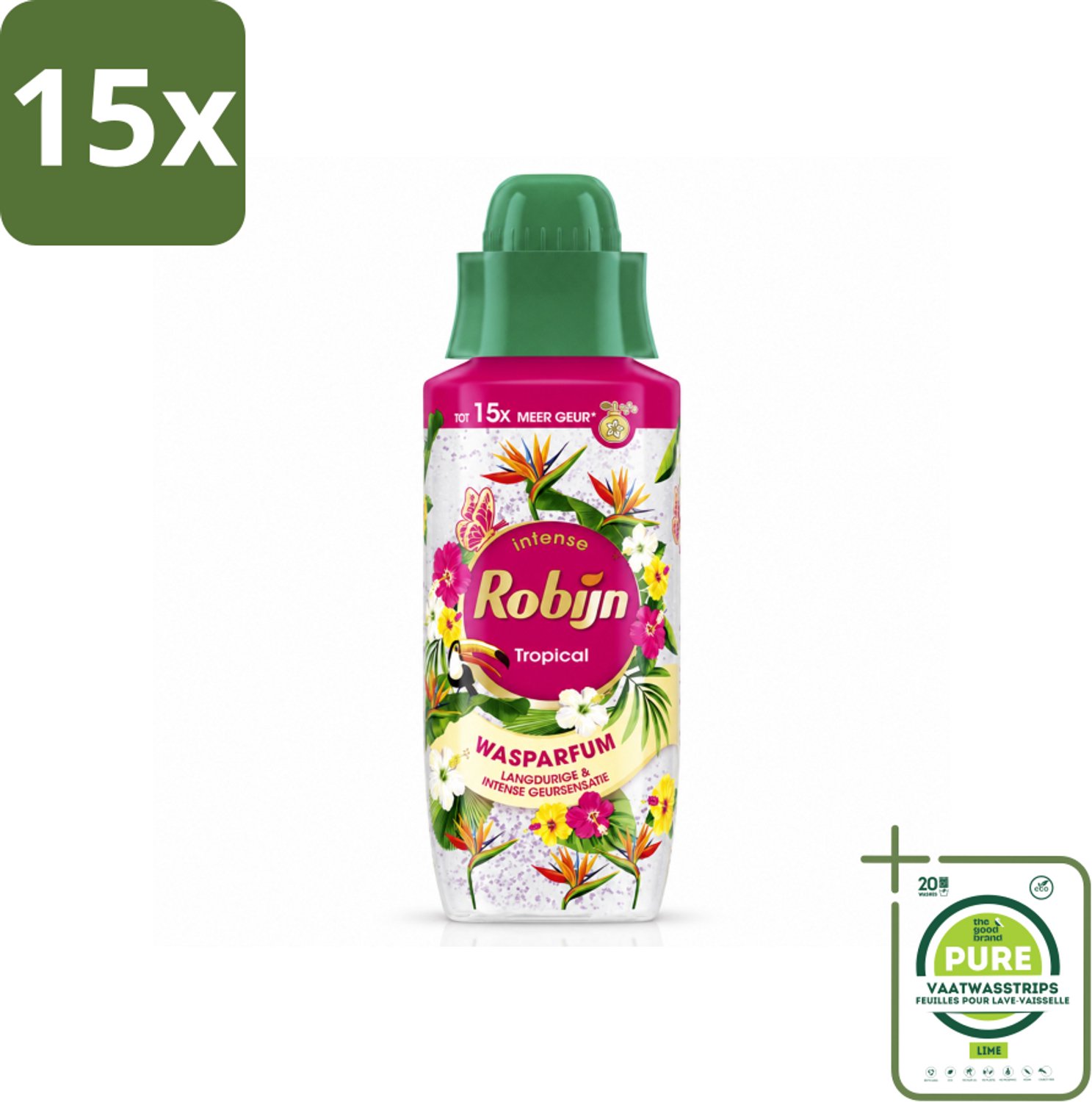 15 x Robijn – Wasparfum – Tropical – 342 ml - Grootverpakking - Vaatwasstrips - Wasparfum - Tropisch - Geur - Wasmiddel - Wasparfum Tropisch
