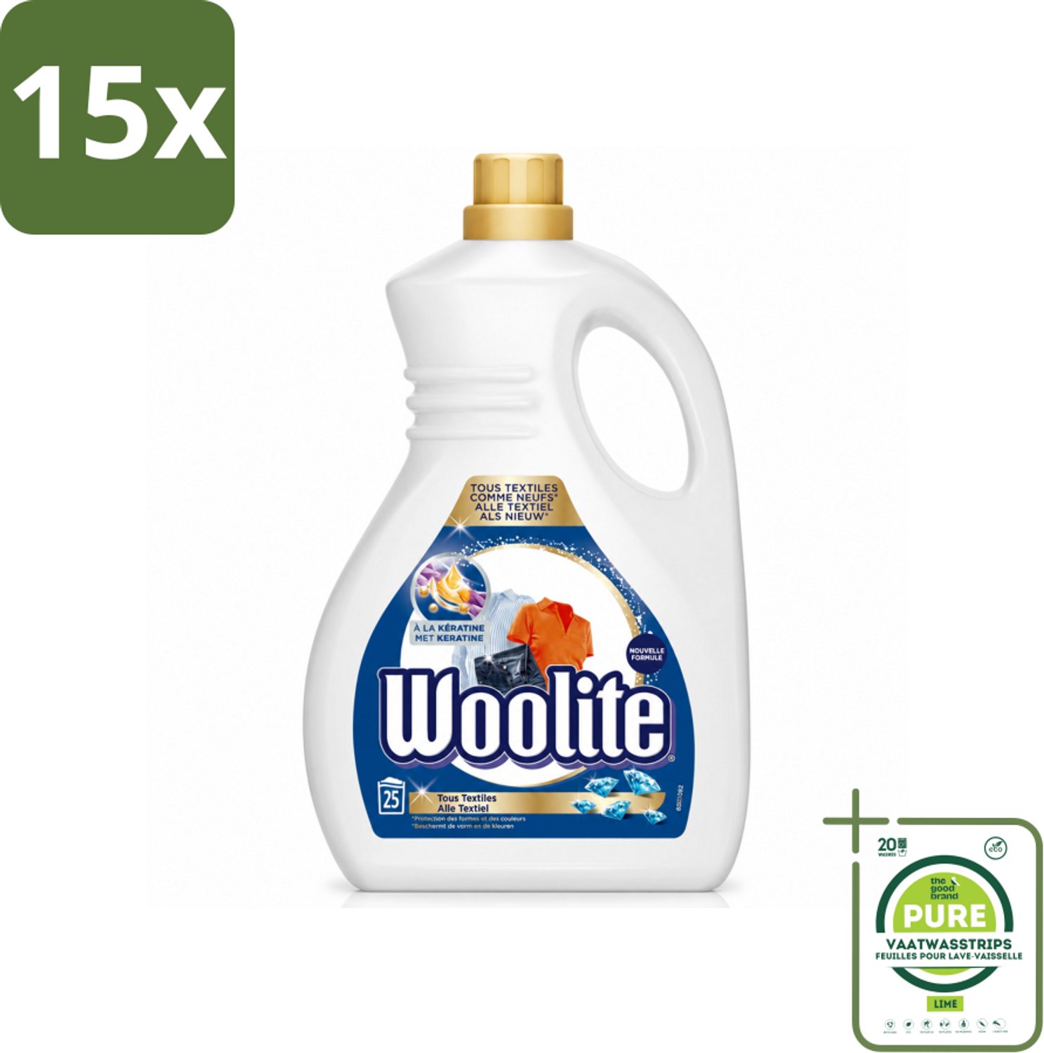 15 x Woolite - Wasmiddel - Vloeibaar Wasmiddel - Alle textiel - 25wb/1,5L - Grootverpakking - Vaatwasstrips - Wasmiddel Voor Textiel - Keratine Wasmiddel - Textiel Verzorging - Pluisvermindering - Wasmiddel Voor Jeans