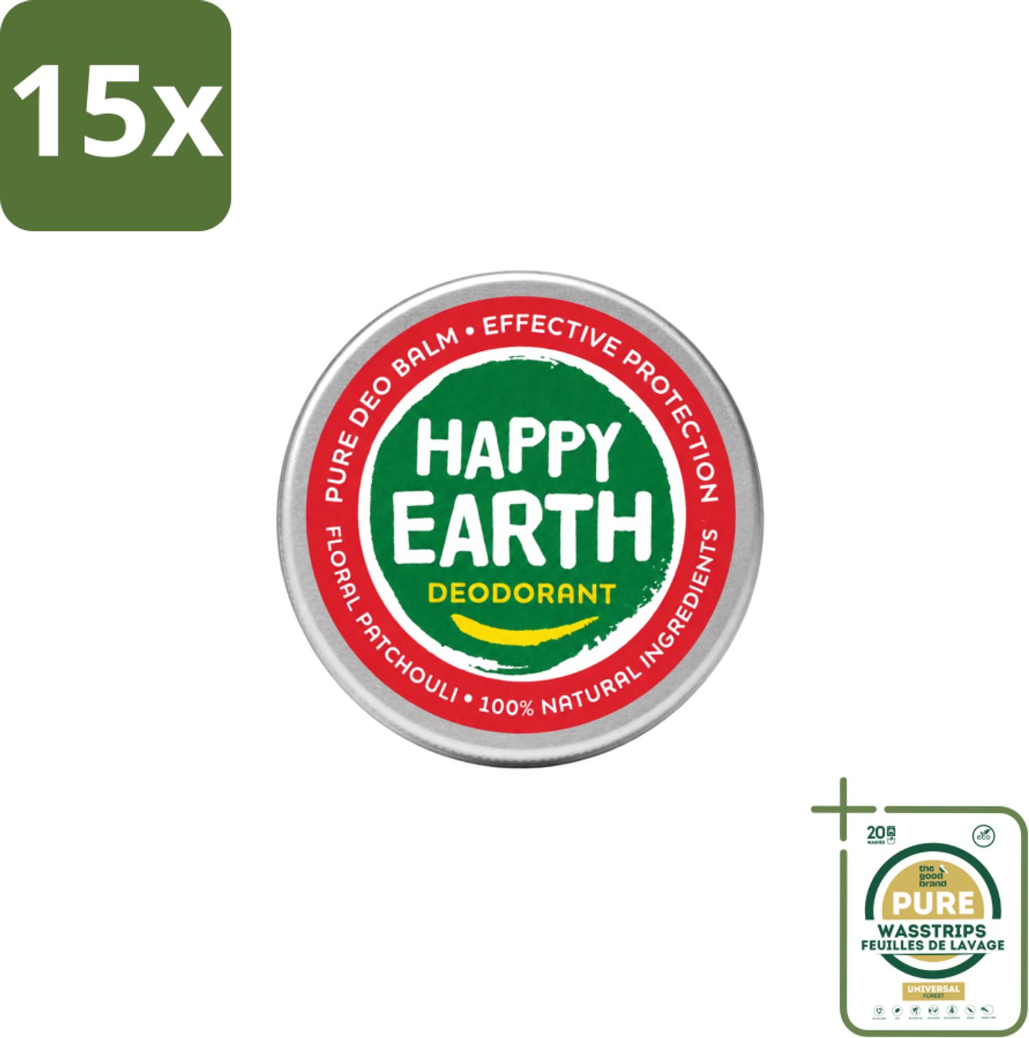15 x Happy Earth – Deodorant Balm – 100% Natuurlijk Floral Patchouli – 45 g - Wasstrips - 100% Natuurlijke Deodorant - Bloemige Geur - Patchouli - Huidvriendelijk - Anti-geur