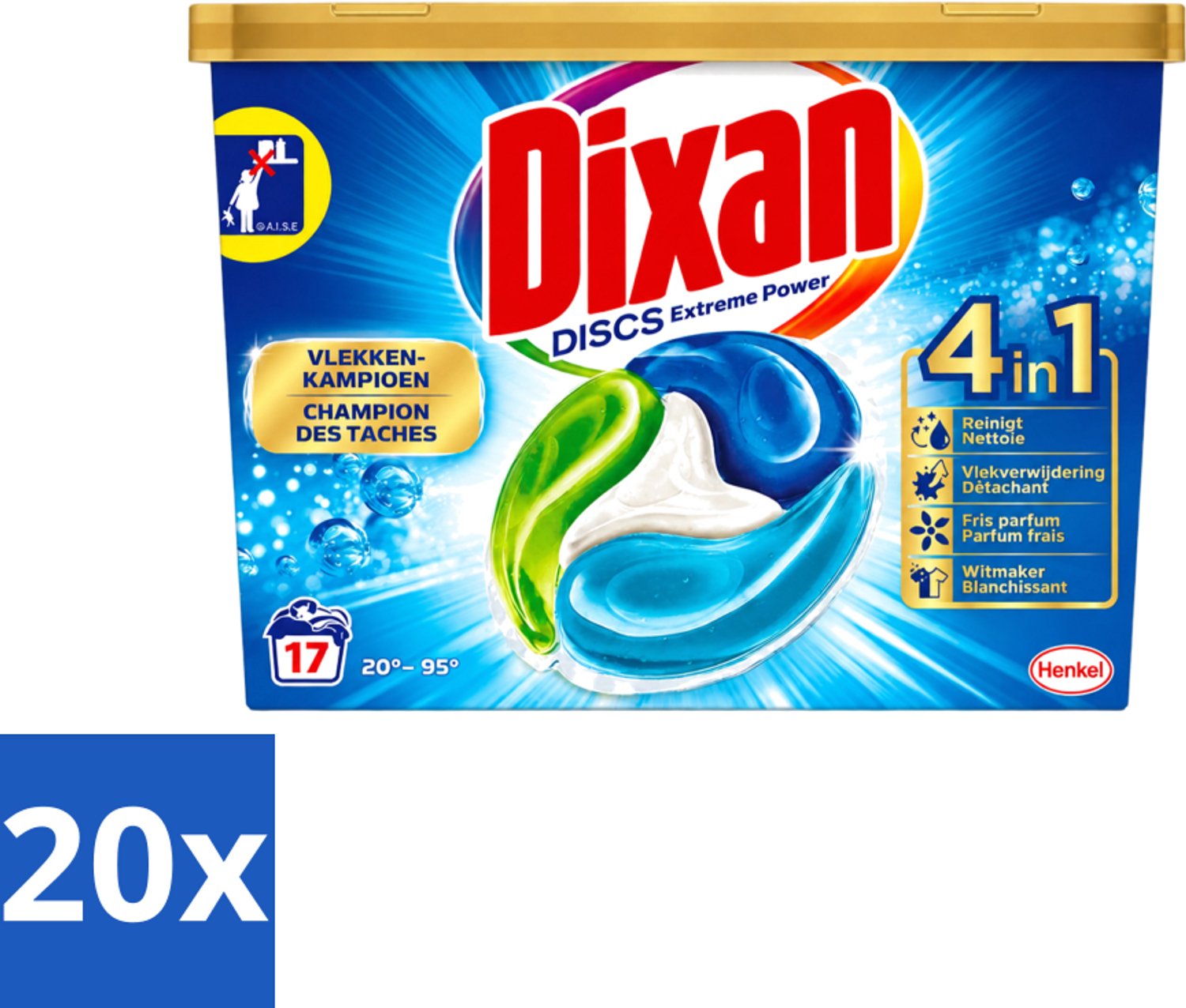 20 x Dixan Discs - Wasmiddelcapsules en Vlekverwijderaar - Extreme Power - Witte, Gekleurde & Zwarte Was - 17 Wasbeurten - Voordeelverpakking - 20 stuks