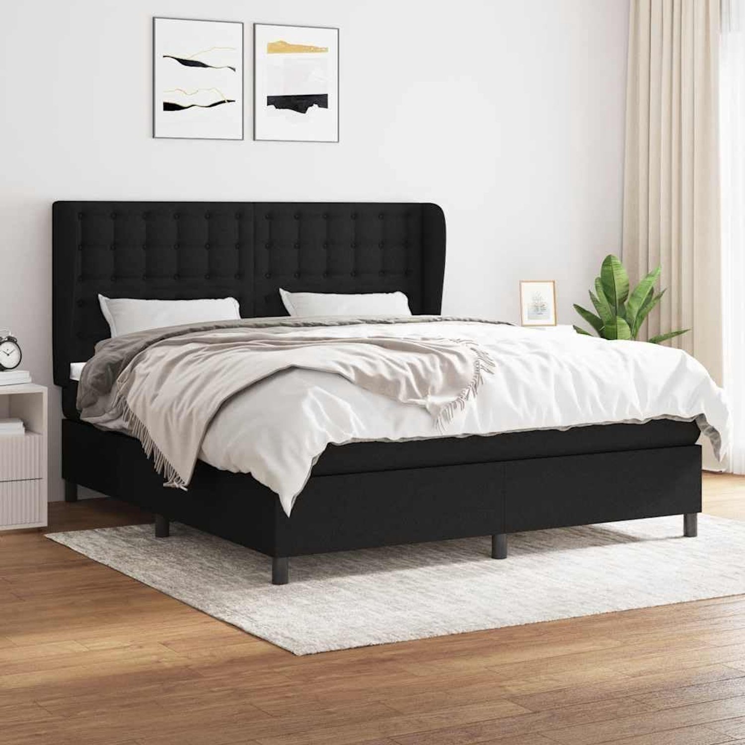 Boxspring met matras stof zwart 180x200 cm pocketvering matras hoofdbord verstelbaar medium hard slaapcomfort voor rug en buikslapers luxe slaapkamerset