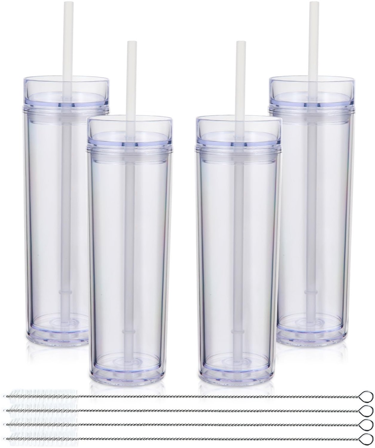 Set van 4 Dubbelwandige Herbruikbare Plastic Bekers met Deksel en Rietje