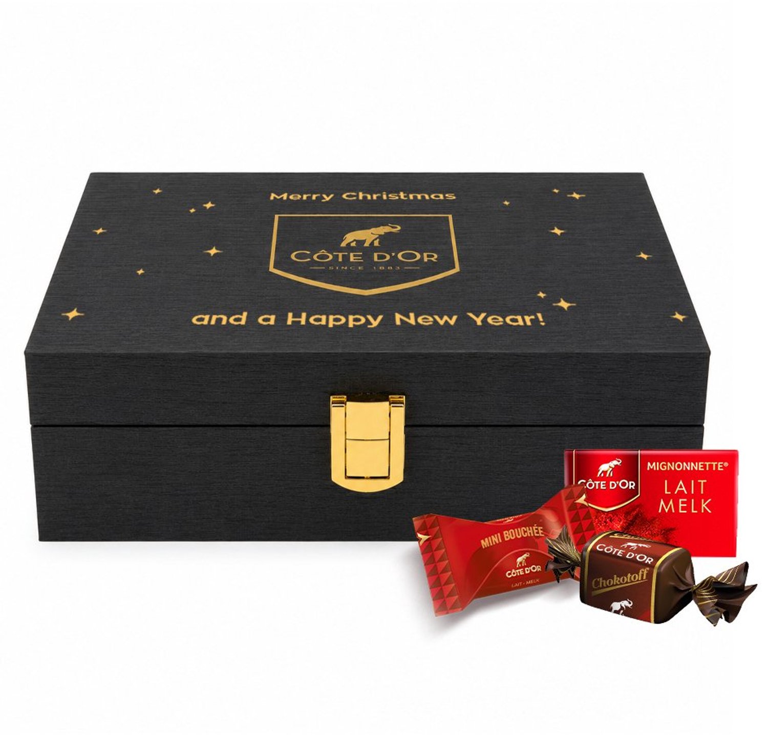 The Best of Côte d'Or houten kerstkistje 360g - Mini Bouchée, Mignonnette Melk & Chokotoff - chocolade kerstcadeau - eindejaarsgeschenk