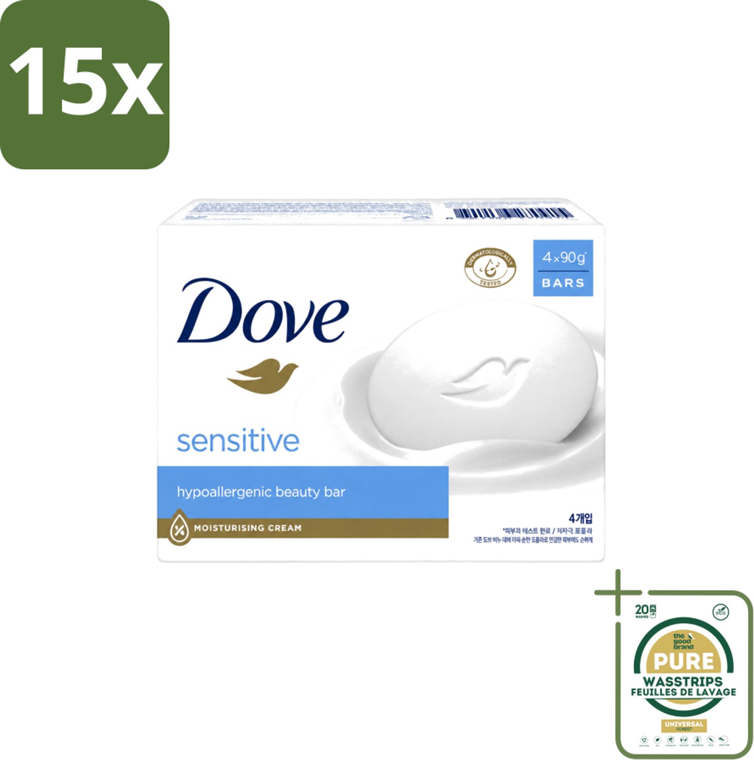 15 x Dove Zeep - Sensitive 4 x 90 gr. - Wasstrips - Gevoelige Huid - Zeep Voor Gevoelige Huid - Milde Zeep - Zeep Voor Handen - Zeep Voor Lichaam