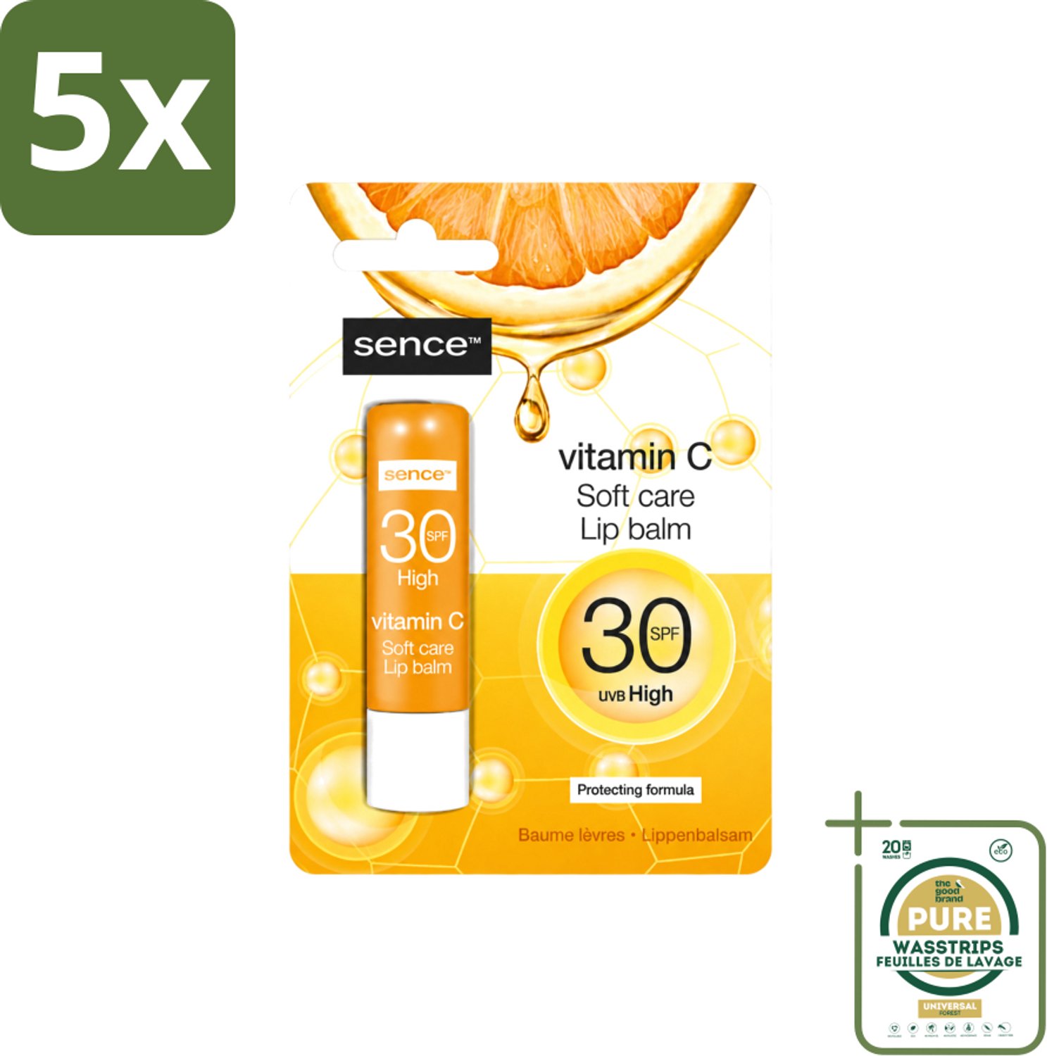 5 x Sence - Soft Care Vitamin C - Lippenbalsem - Hydraterend - 4,3 g - Wasstrips - Vitamine C Lippenbalsem - Hydraterende Lippenbalsem - Verzorgde Lippen - Droge Lippen Herstel - Lippenbescherming