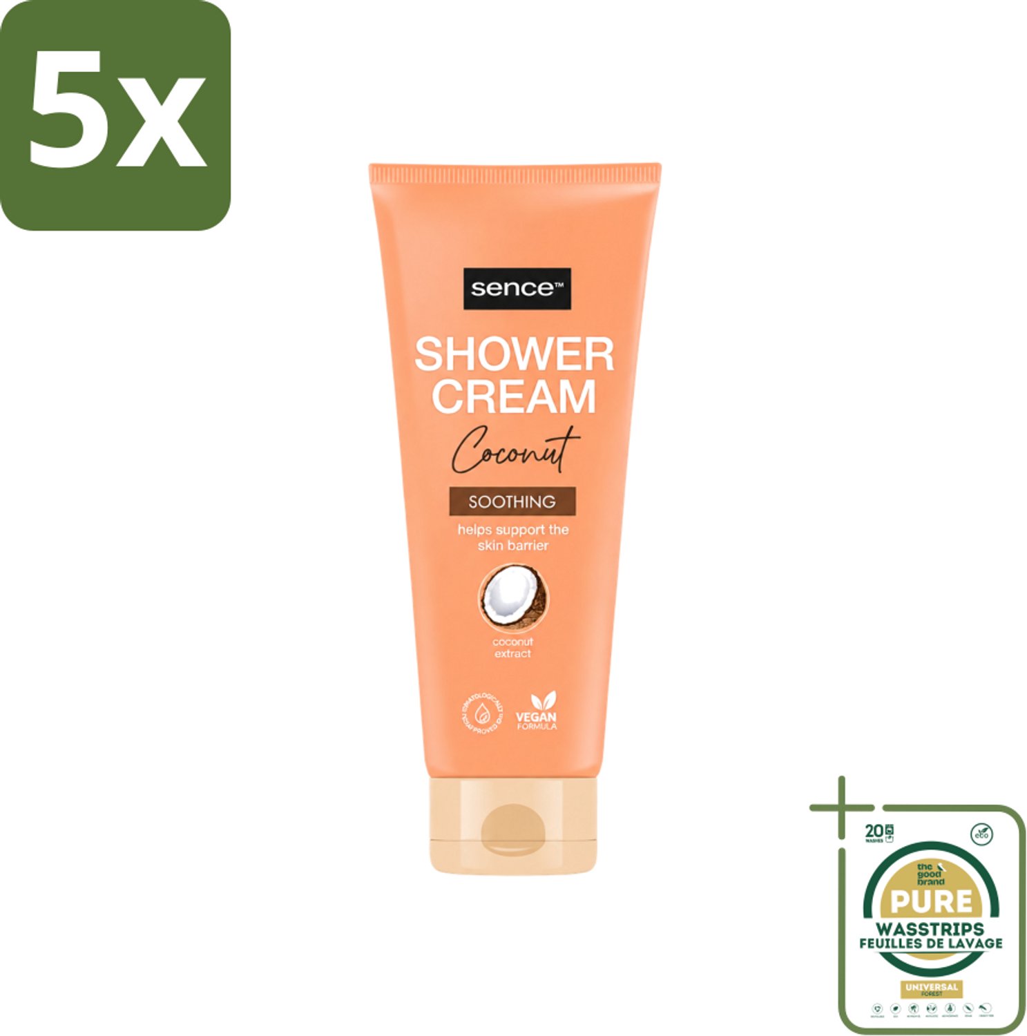 5 x Sence - Coconut - Douchecrème - Verzorgend - 200 ml - Wasstrips - Douchecrème Kokos - Kokosgeur - Verzorgende Douche - Huidverzorging - Hydraterende Douchecrème