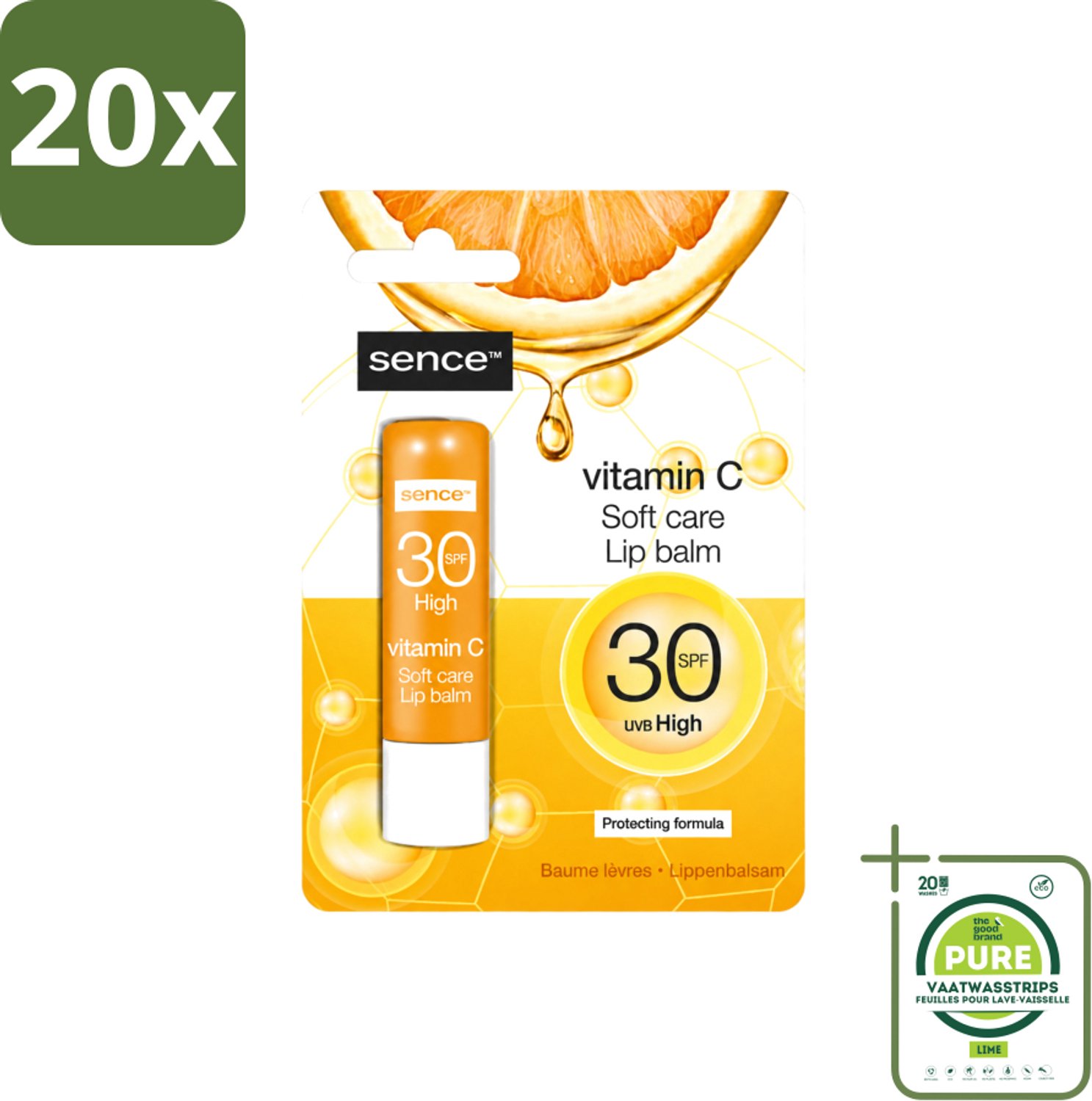 20 x Sence - Soft Care Vitamin C - Lippenbalsem - Hydraterend - 4,3 g - Grootverpakking - Vaatwasstrips - Lippenbalsem - Vitamine C - Hydratatie - Verzorging - Droge Lippen