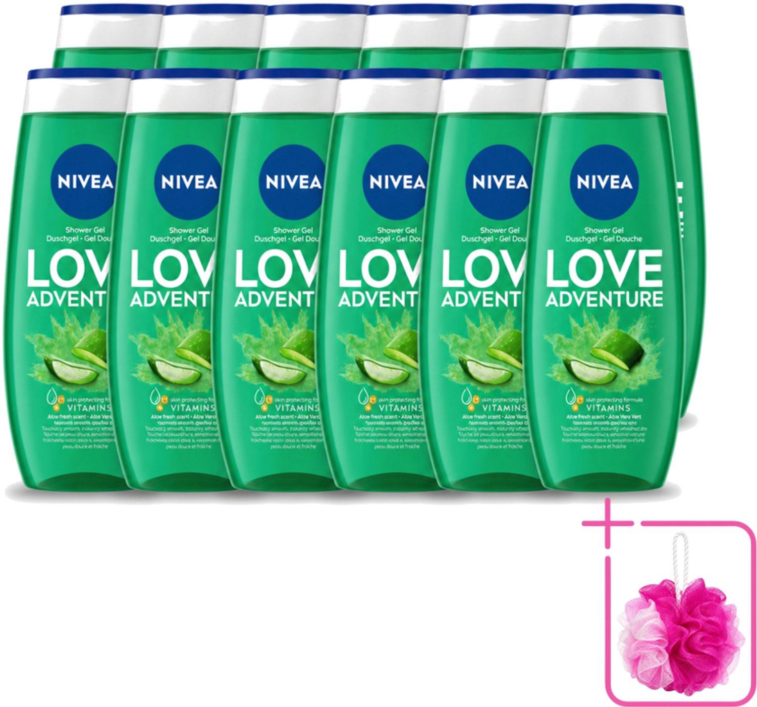 12 x Nivea - Love Adventure Douchegel - Huidbeschermend - 250 ml - Bulkverpakking - Douchegel - Douchemop - Verfrissend