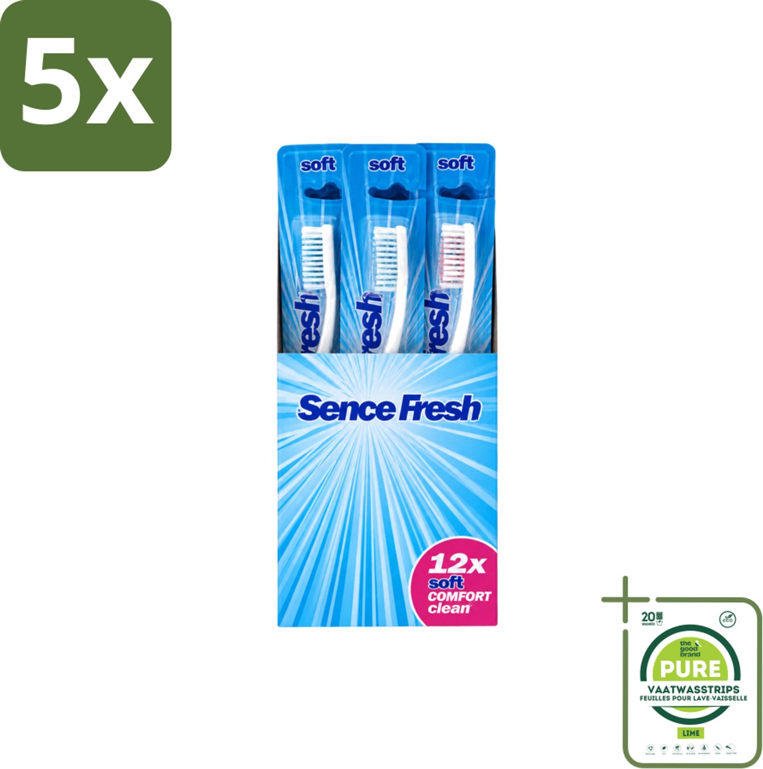 5 x Sence - Tandenborstels - Fresh Soft Comfort Clean - 12 Tandenborstels - Grootverpakking - Vaatwasstrips - Tandenborstel - Zachte Tandenborstel - Mondhygiëne - Tandenborstel Voor Gevoelig Tandvlees - Dagelijks Poetsen
