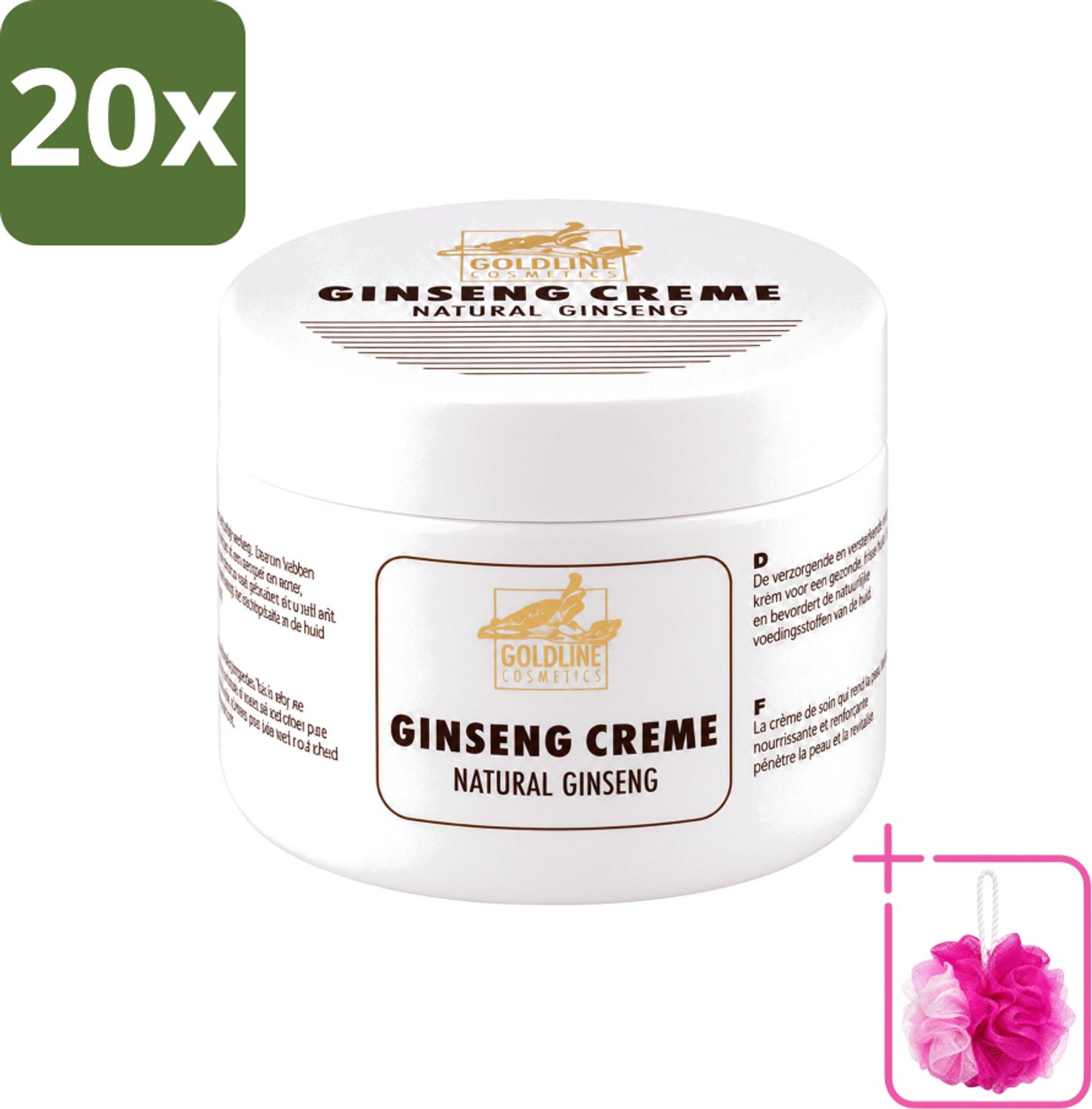 20 x Goldline - Bodycrème - Natural Ginseng - Verzorgend & Versterkend - 250 ml - Bulkverpakking - Ginseng crème - Douchemop - Huid verzorging