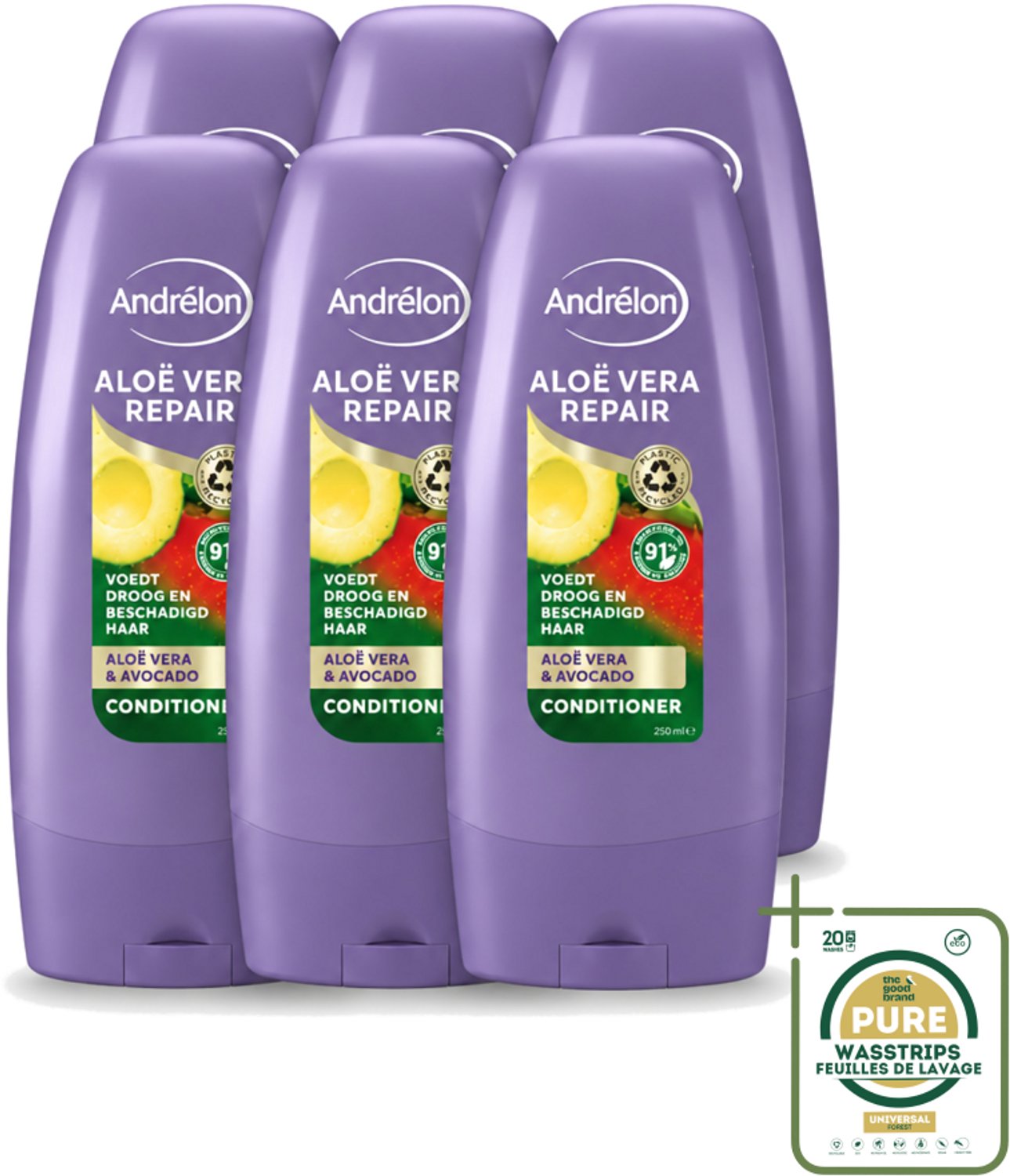 6 x Andrélon - Aloe Vera Repair - Conditioner - Verzachtend & Herstellend - 250 ml - Wasstrips - Haarkleur - Haarverzorging - Haarherstel - Haarhydratatie - Droog Haar
