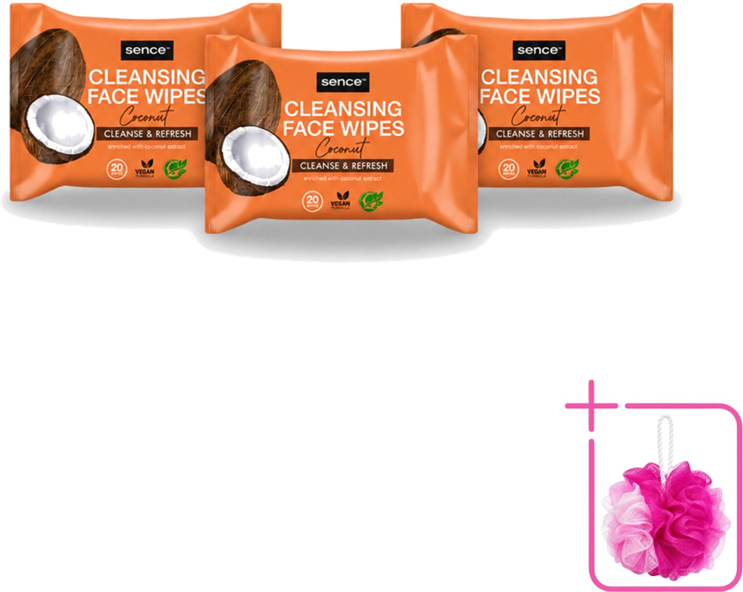 3 x Sence - Coconut - Gezichtsreinigingsdoekjes - Verzorgend - 20 Doekjes - Bulkverpakking - Gezichtsreinigingsdoekjes - Douchemop - Kokos