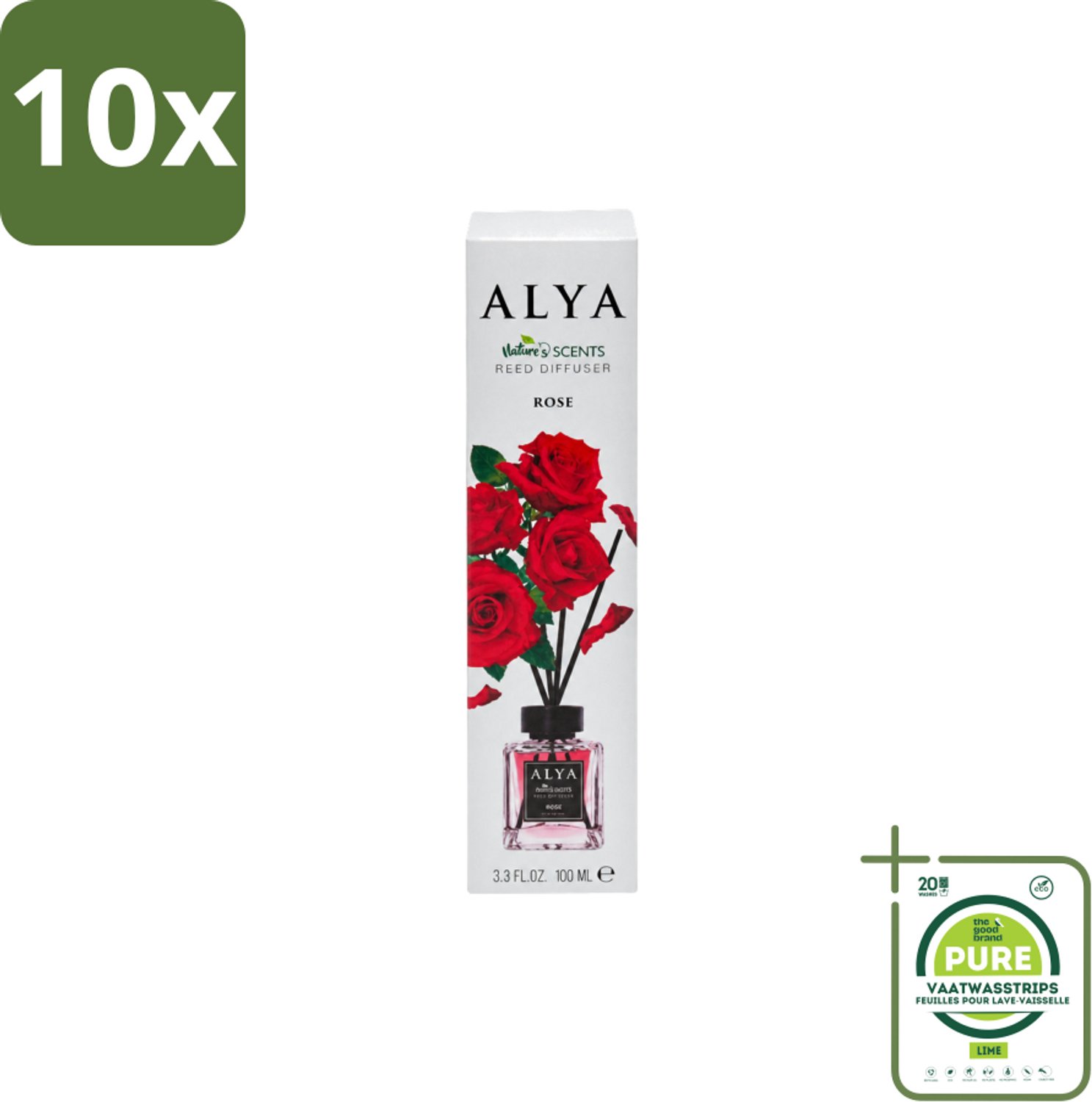 10 x Alya – Geurdiffuser – Rose – Interieurparfum - Grootverpakking - Vaatwasstrips - Geurstokjes - Geur - Geurverspreiding - Geur Olie - Geur Sfeer
