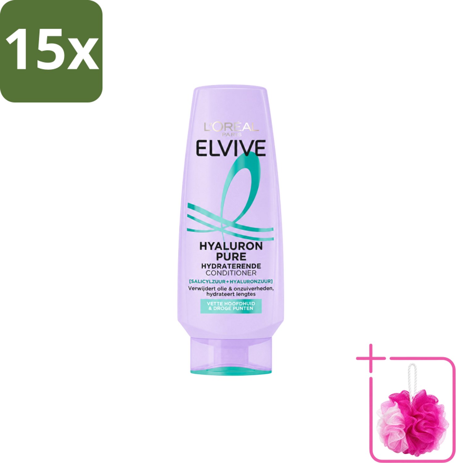 15 x L’Oréal Paris Elvive – Conditioner – Hyaluron Pure – Vette Hoofdhuid & Droge Punten – 200 ml - Bulkverpakking - Hydraat - Douchemop - Zuiveren