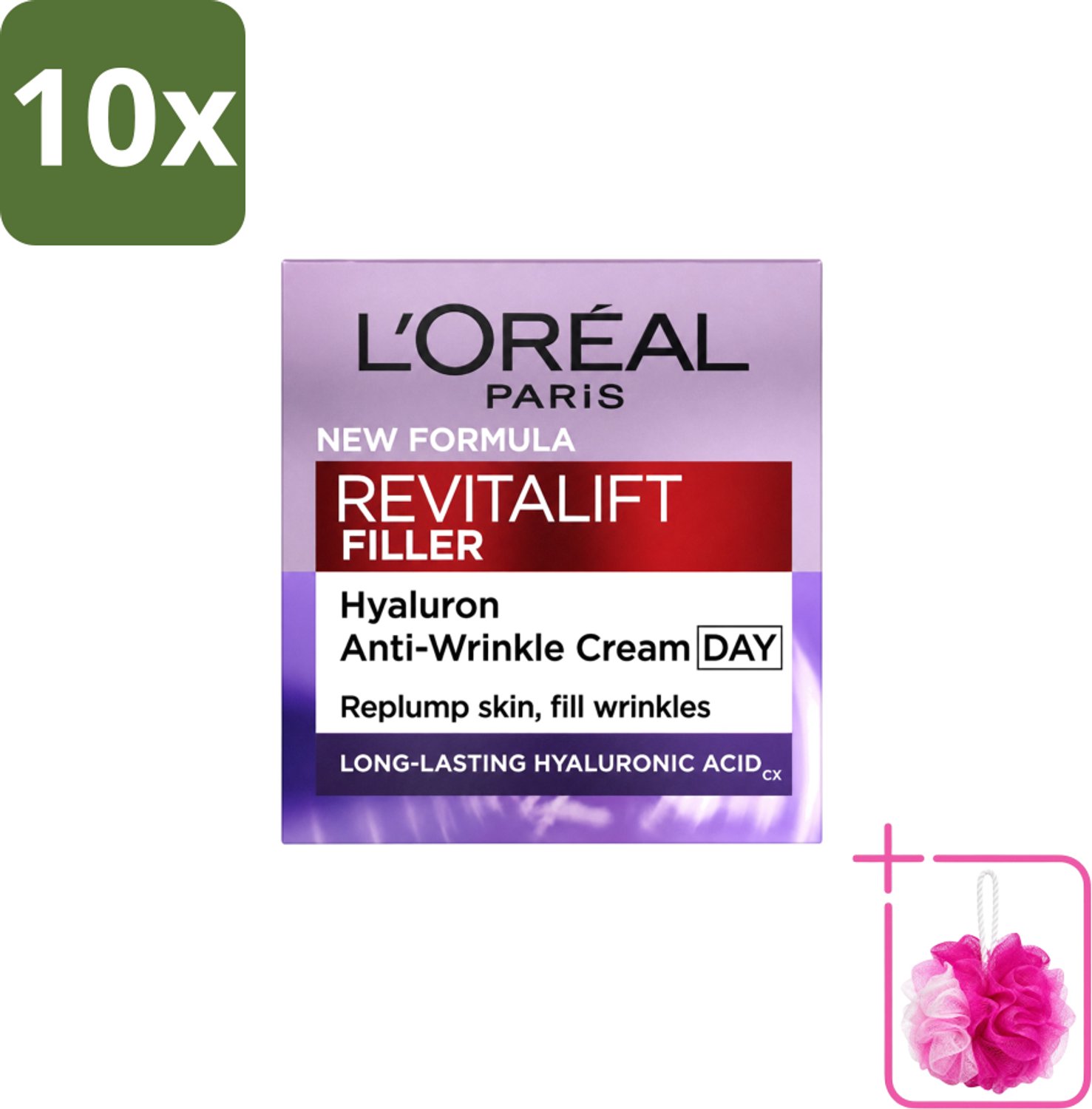 10 x L'Oréal Paris Revitalift Filler - Dagcrème - Anti-Rimpel - Voor Verouderende Huid - 50 ml - Bulkverpakking - Anti-rimpel crème - Douchemop - Veroudering bestrijding