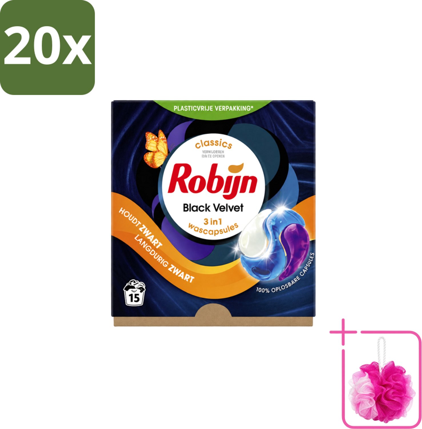 20 x Robijn – 3-in-1 Wascapsules – Black Velvet – 15 capsules - Bulkverpakking - Zwarte was - Douchemop - Zwart kleding