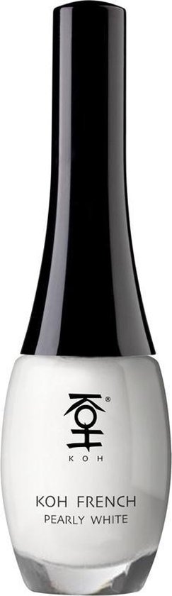 Flesje witte nagellak met zwarte dop en 'KOH FRENCH PEARLY WHITE' logo.