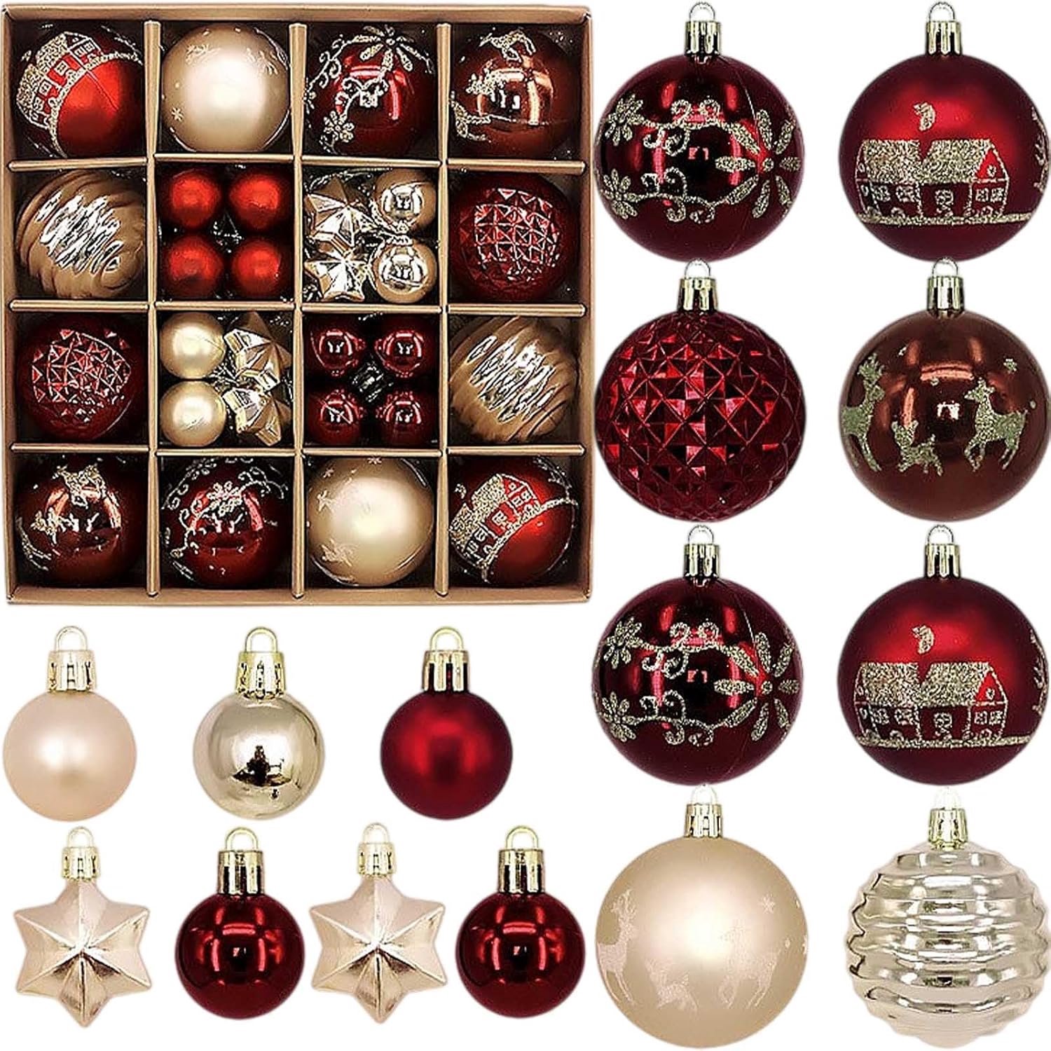 Kerstballen, kunststof, onbreekbaar, 3/6 cm, bordeauxrood