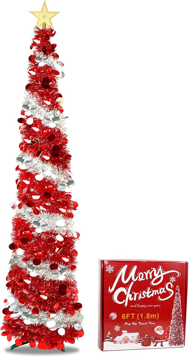 6FT pop-up kerst klatergoud boom, 180 cm opvouwbare kunstmatige kerstboom met glanzende zilveren en rode pailletten & ster, opvouwbare kerstboom voor thuiskantoor, vakantie, feest decor