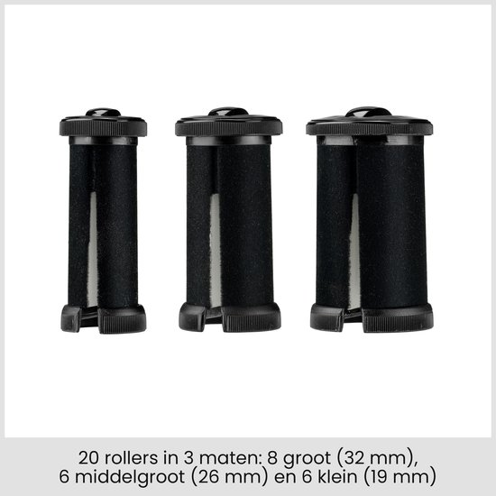 Drie zwarte rollers in de maten 32mm, 26mm en 19mm.