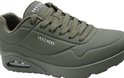 Baskets Skechers Uno vert olive avec tige perforée, lacets et semelle à coussin d'air visible.