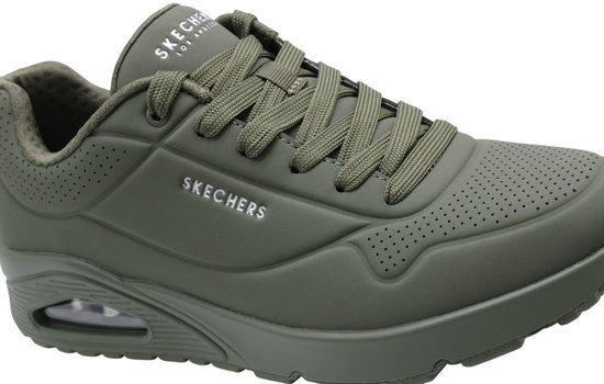 Baskets Skechers Uno vert olive avec tige perforée, lacets et semelle à coussin d'air visible.
