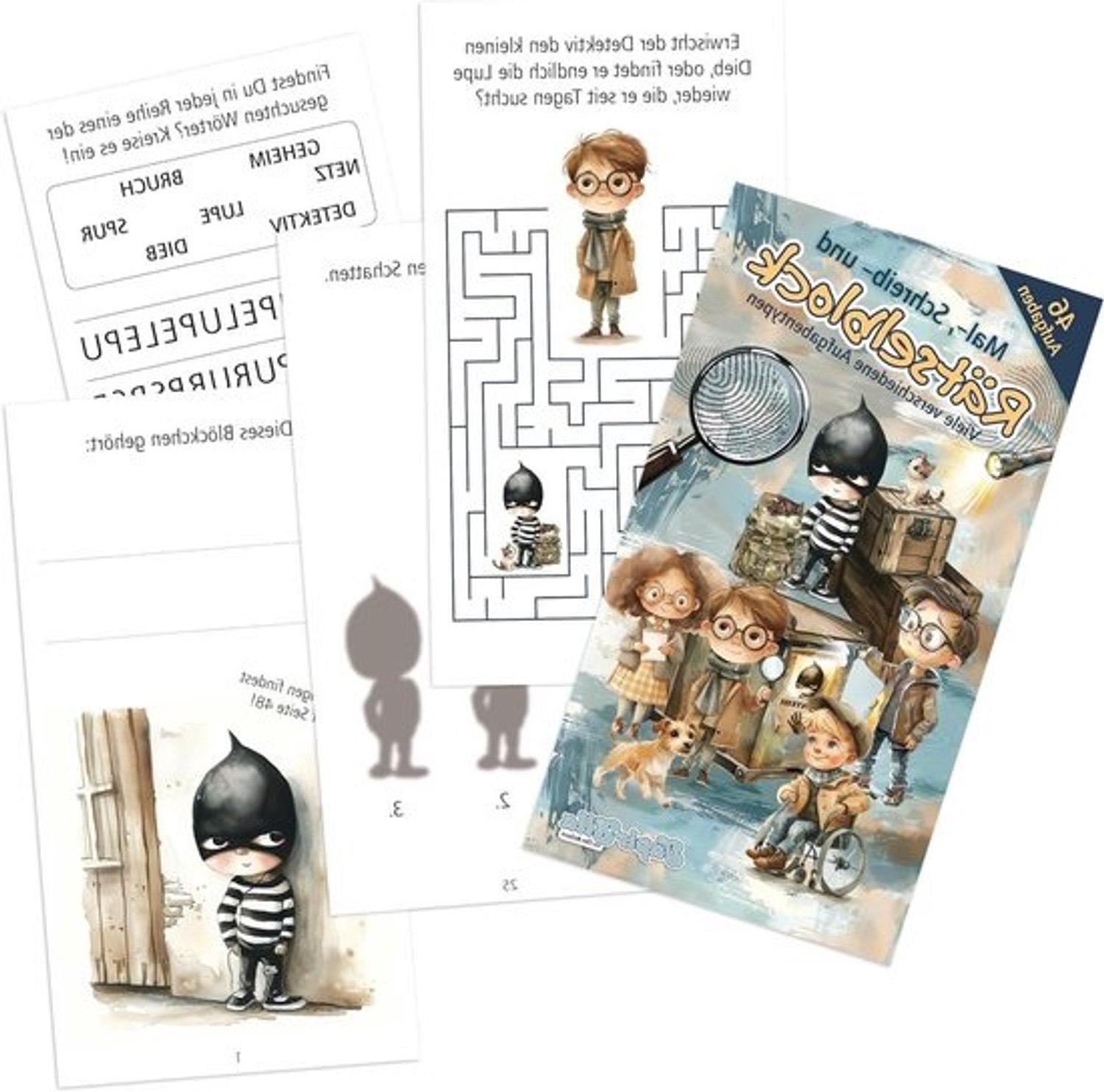 Raadselboek voor kinderen - Detectivepuzzels - Creatief bezig blijven - 46 gevarieerde opdrachten - 21 x 15 cm - Kleurrijk