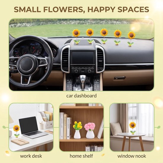 7 stuks autodecoratie met zonnebloemen en bloemen, auto-accessoires voor dashboard, ornamenten met beweegbare zwenkveer, inclusief stickers zonder markeringen — cadeau in Wonen & Interieur - foto 4