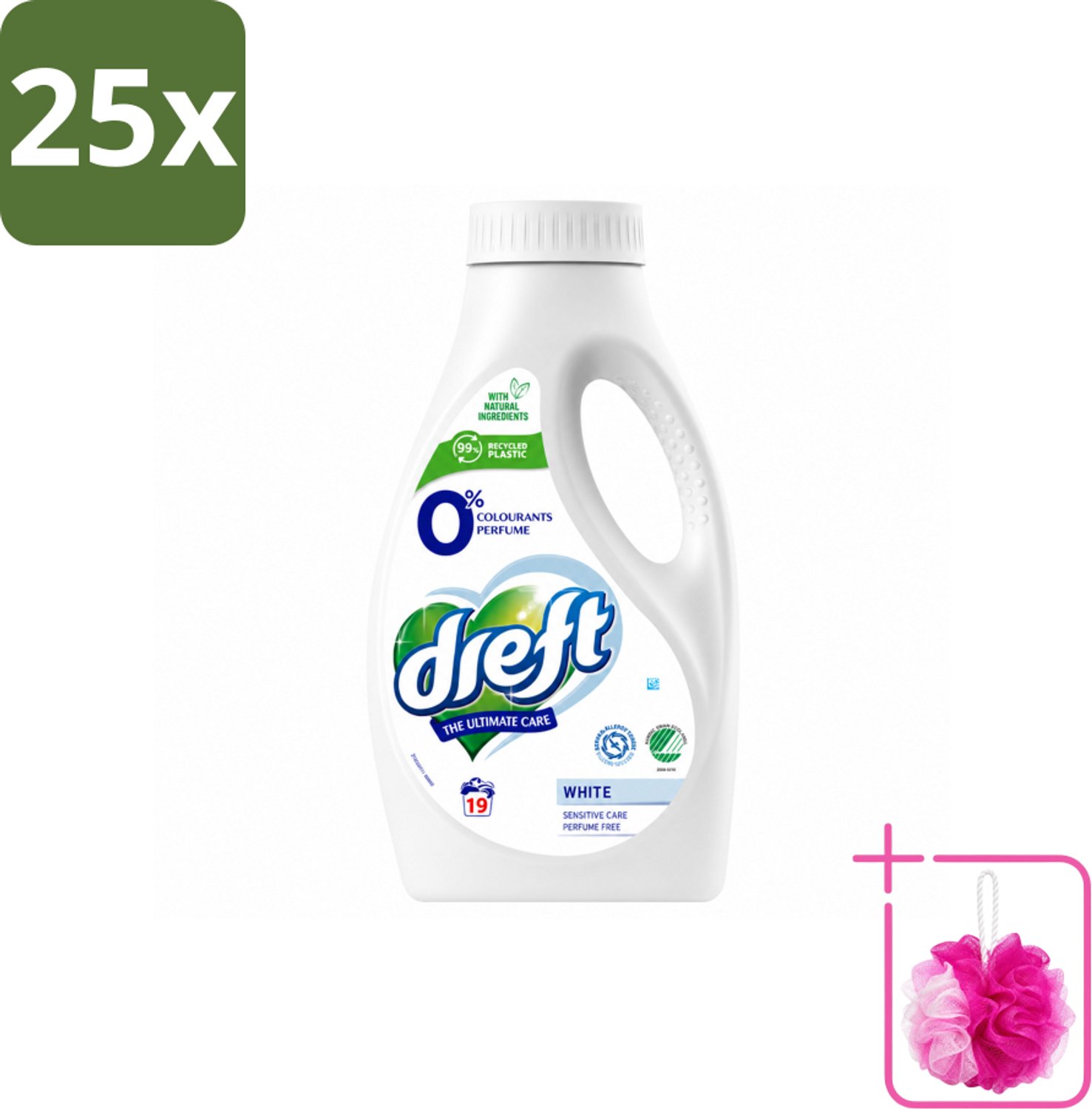 25 x Dreft - Vloeibaar Wasmiddel - 0% Witte Was - Geurvrij & zacht - 19 Wasbeurten - Bulkverpakking - Wasmiddel voor gevoelige huid - Douchemop - 0% parfum was