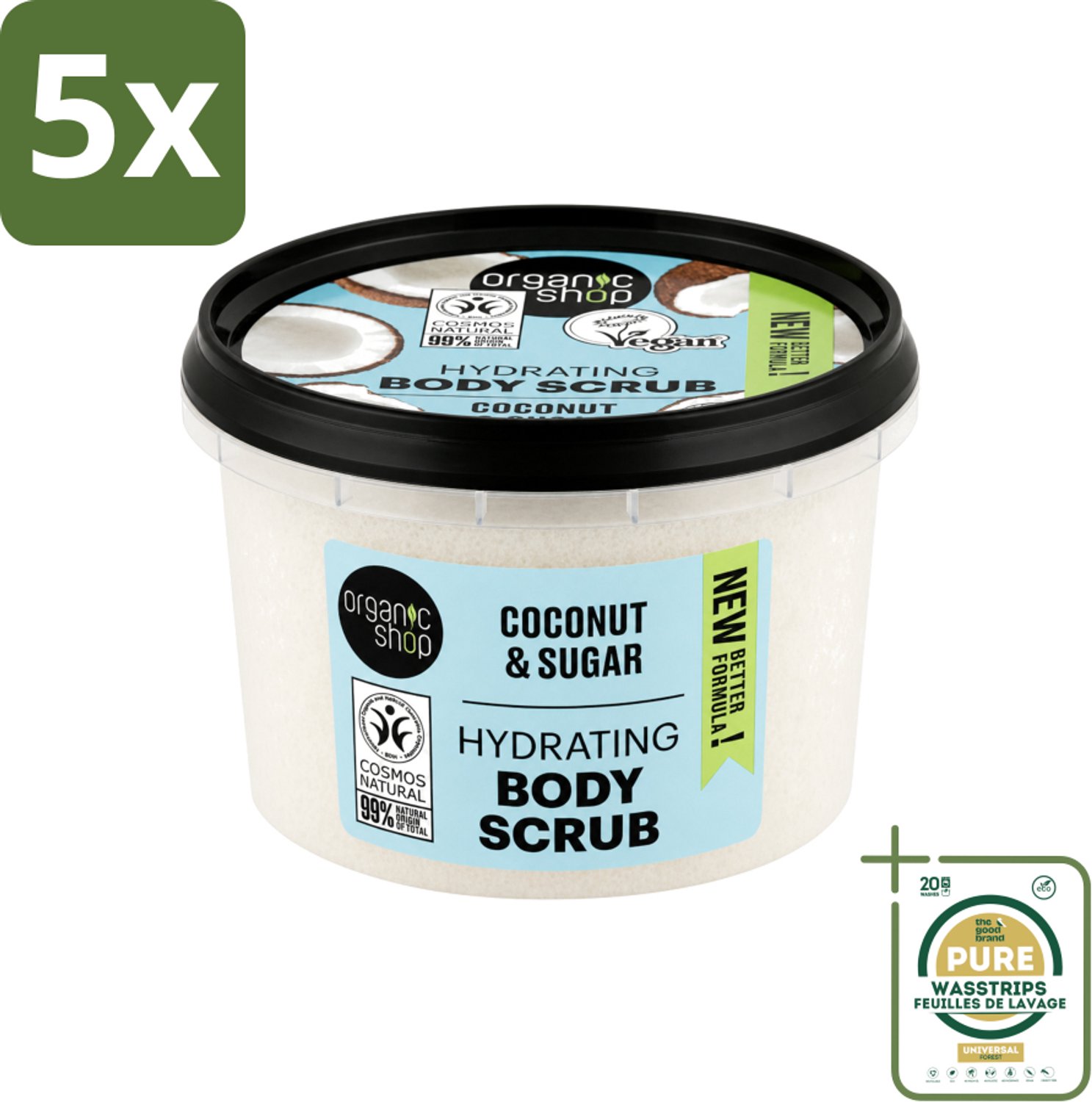 5 x Organic Shop - Hydrating Body Scrub Coconut - Diep Voedend - 250 ml - Wasstrips - Huidverzorging - Suikerscrub - Kokosolie - Exfoliatie - Hydratatie