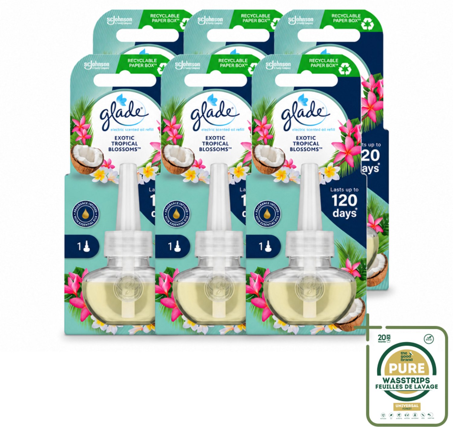 6 x Glade - Navulling Elektrische Olie - Exotic Tropical Blossoms - Zonder Houder - Wasstrips - Luchtverfrisser - Geur - Tropische Geur - Monoi Olie - Kokosmelk