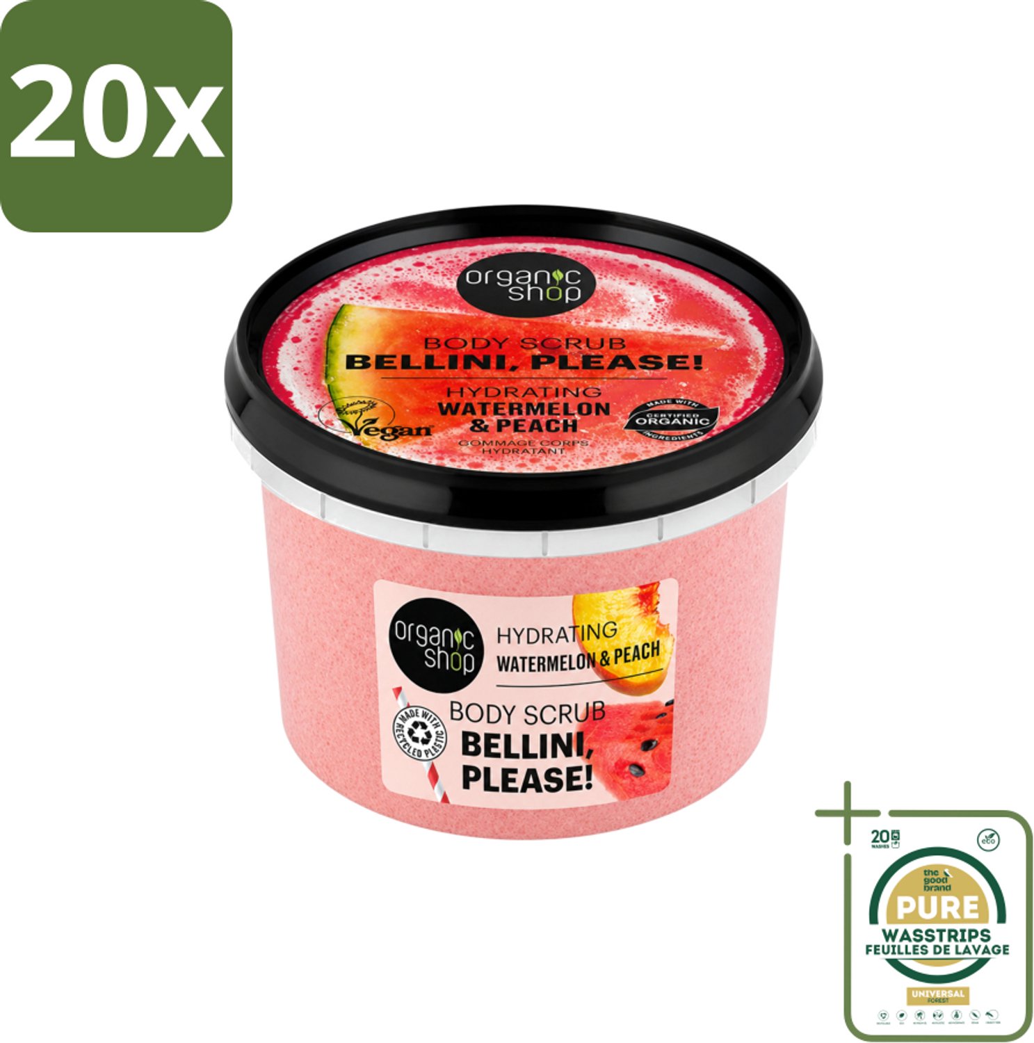 20 x Organic Shop - Body Scrub Watermelon & Peach - Hydratatie en Frisheid - 250 ml - Wasstrips - Bodyscrub - Hydratatie - Exfoliatie - Fruitgeur - Watermeloen