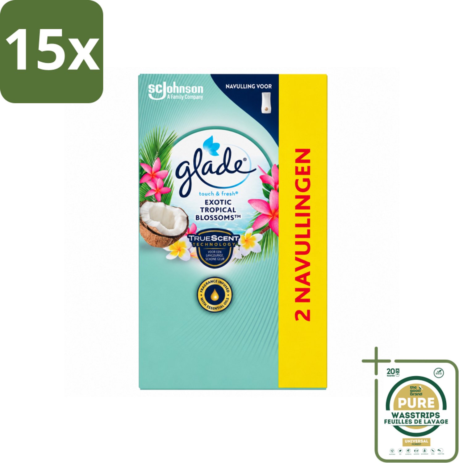 15 x Glade - Touch & Fresh - Exotic Tropical Blossoms - 2x 10 ml - Wasstrips - Luchtverfrisser - Geur - Geurbeleving - Frisheid - Geur In Huis