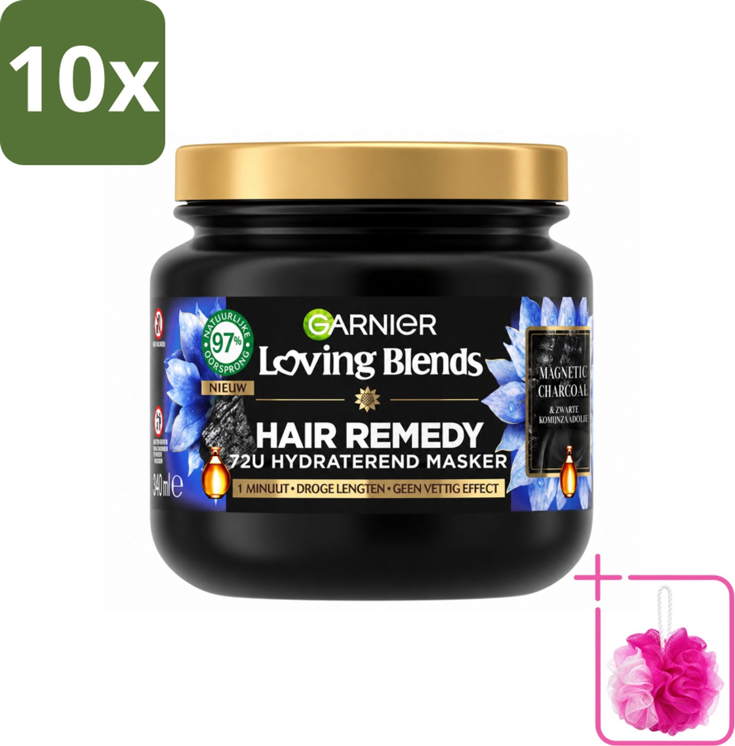 10 x Garnier - Loving Blends Magnetic Charcoal - Haarmasker - Droge Lengtes - 340 ml - Bulkverpakking - Haarmasker - Douchemop - Droge haar