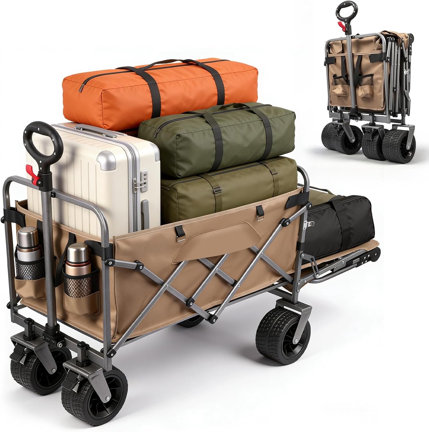 Opvouwbaar 300L+ Tot 200KG Strandwagen vouwbaar met achterklep regenbescherming, bekerhouder, reflecterende strips, opvouwbare bollerwagen voor honden, winkelen, camping, strand, transport