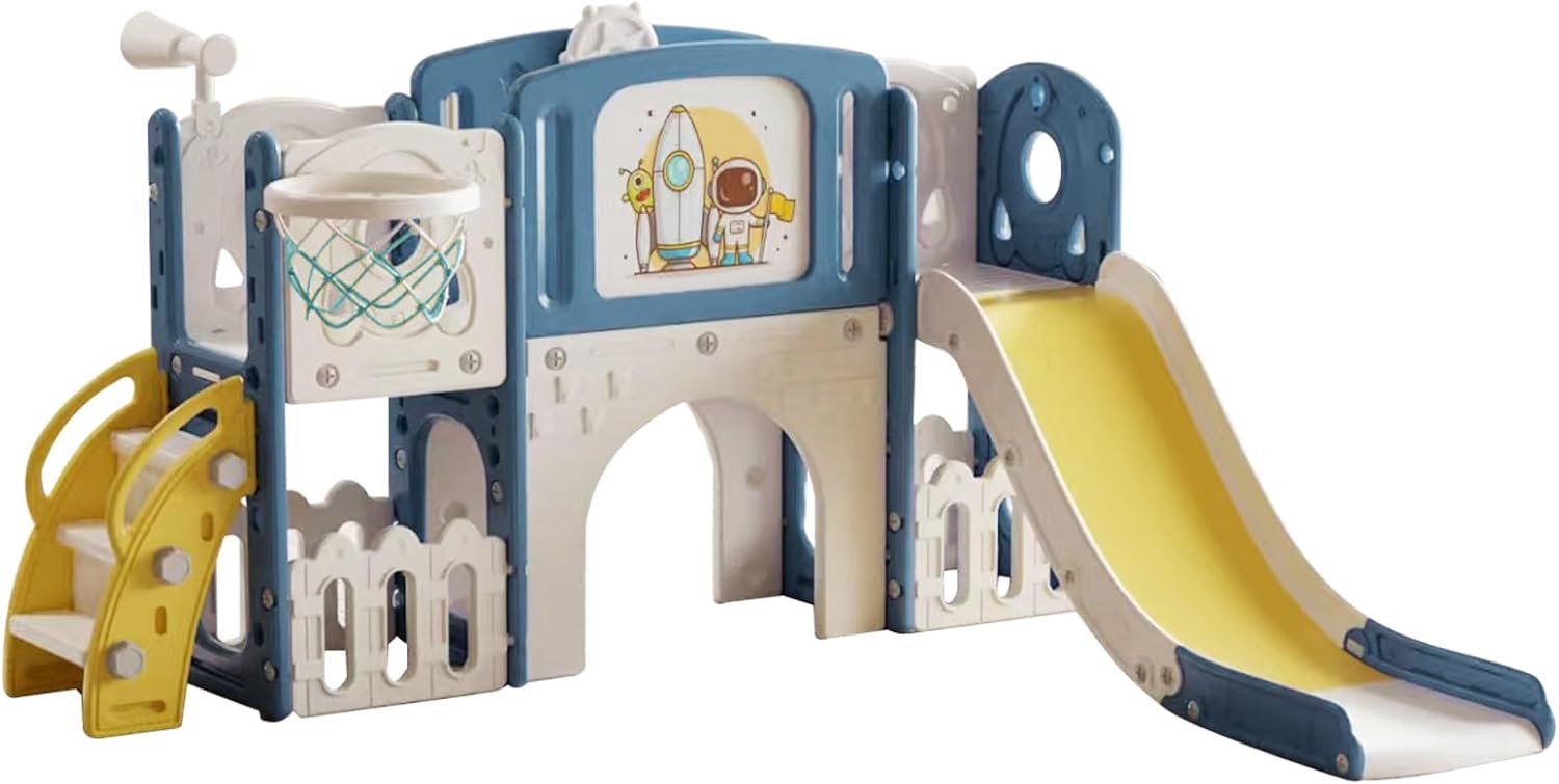 Glijbaan voor peuters van 1-3 jaar, klimladder, basketbalhoepel, tekentafel, opbergmand, HDPE-materiaal, educatief activiteitencentrum, speeltuinset voor kinderen (BLAUW GEEL)
