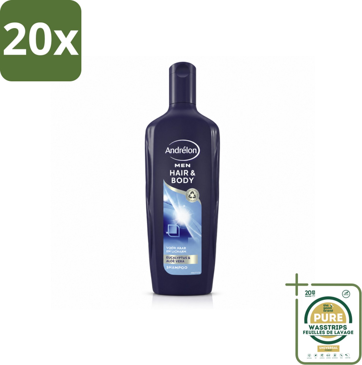 20 x Andrélon - Men - Hair & Body - Shampoo - 300 ml - Wasstrips - Shampoo Voor Mannen - Bodywash Voor Mannen - Haar En Lichaam Verzorgen - Eucalyptus Shampoo - Aloë Vera Bodywash