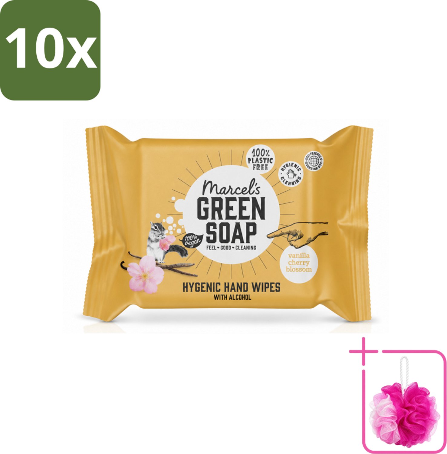 10 x Marcel's Green Soap - Hand doekjes - Vanille & Cherry Blossom - Mild & handig - 15 Doekjes - Bulkverpakking - Handdoekjes - Douchemop - Handdoek