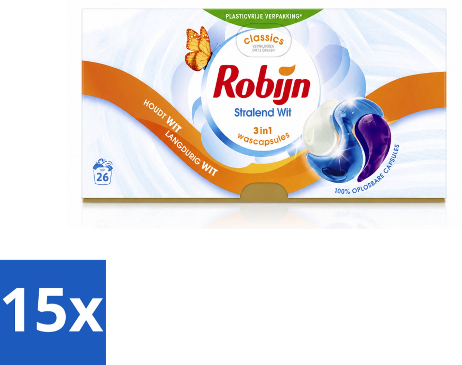 15 x Robijn – 3-in-1 Wascapsules – Stralend Wit - 26 Capsules - Voordeelverpakking - 15 stuks