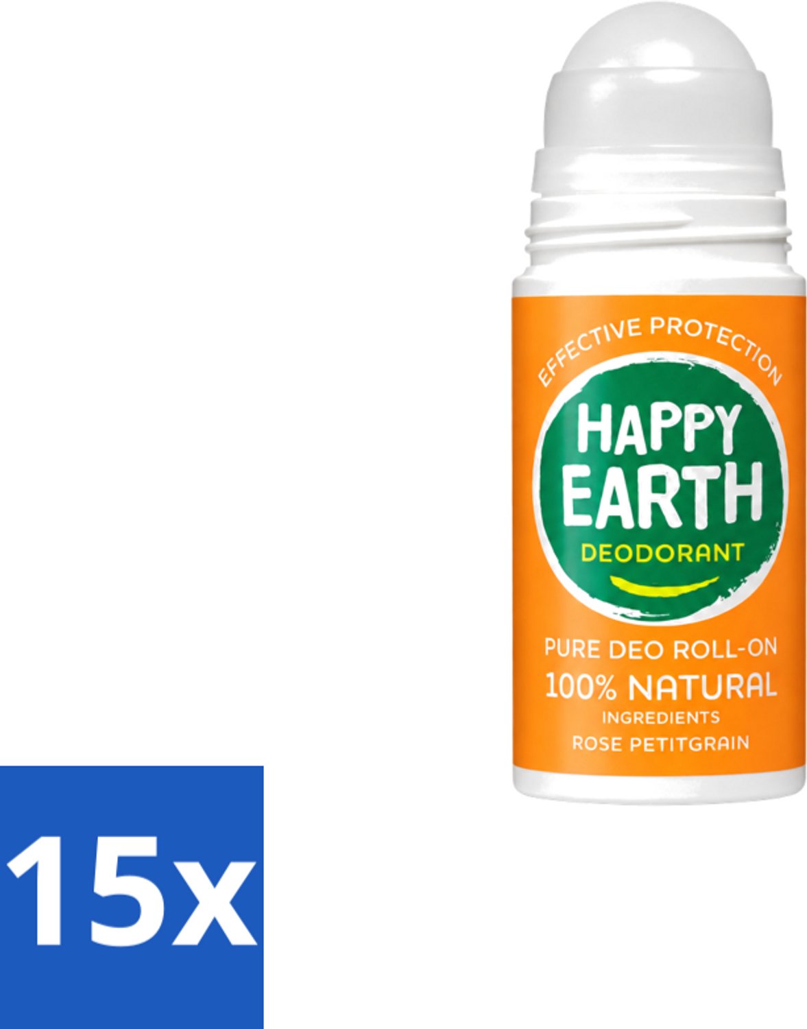 15 x Happy Earth – Deodorant Roll-On – 100% Natuurlijk Rose Petitgrain – 75 ml - Voordeelverpakking - 15 stuks