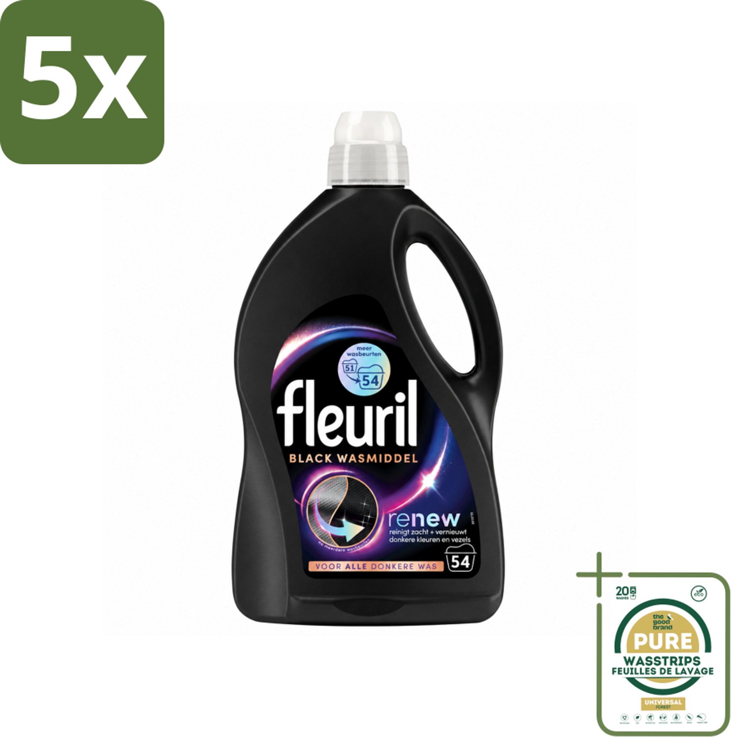 5 x Fleuril - Wasmiddel - Renew Zwart Vloeibaar Wasmiddel - Zwarte Was - 54 wasbeurten - Wasstrips - Zwarte Was - Donkere Was - Vloeibaar Wasmiddel - Kleurherstel - Wasmiddel Zwart