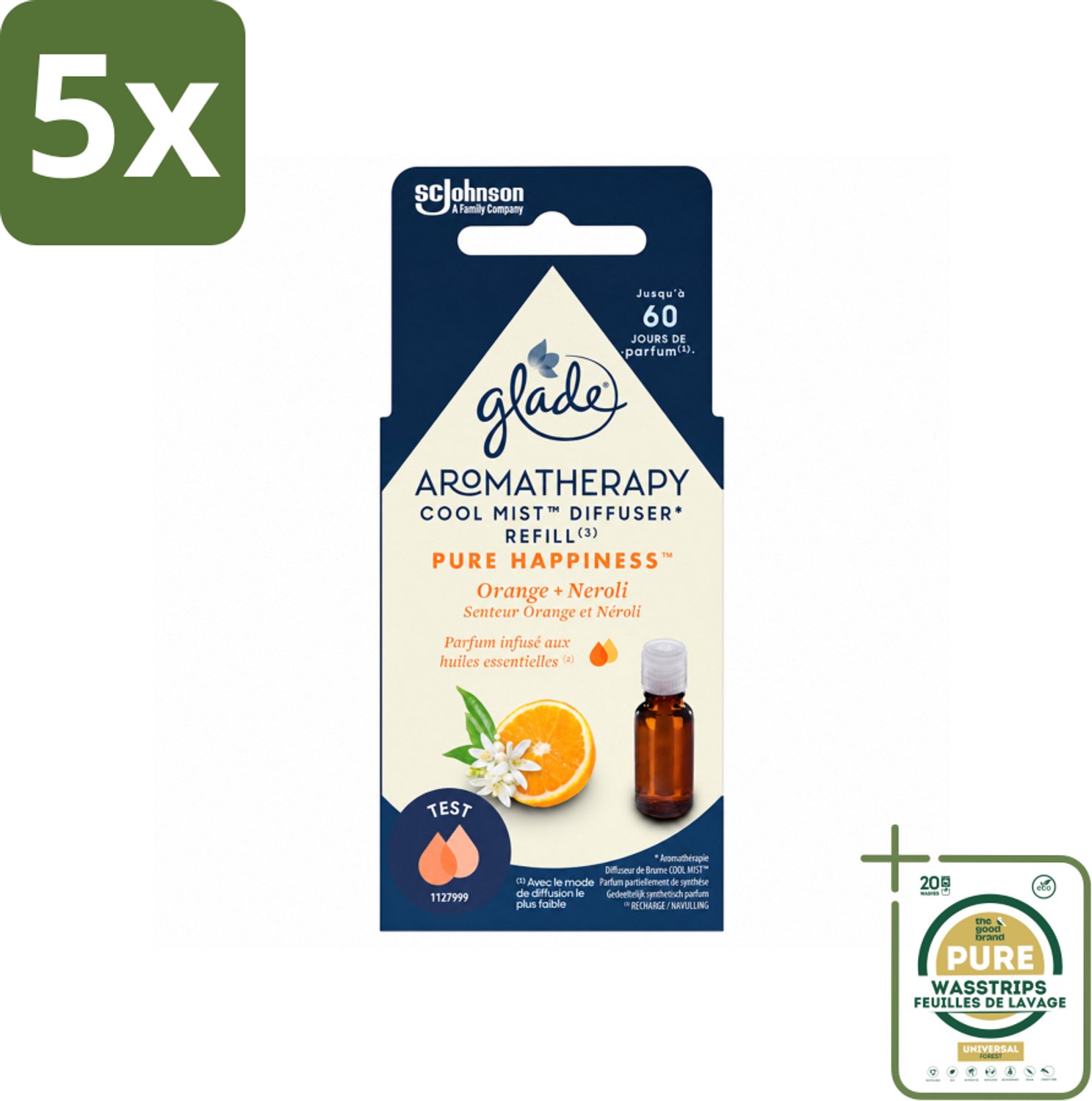 5 x Glade - Mistnavulling Pure Happiness - Aromatherapie - 17,4 ml - Wasstrips - Aromatherapie - Geurverspreiding - Luchtverfrisser - Geur - Geurboost