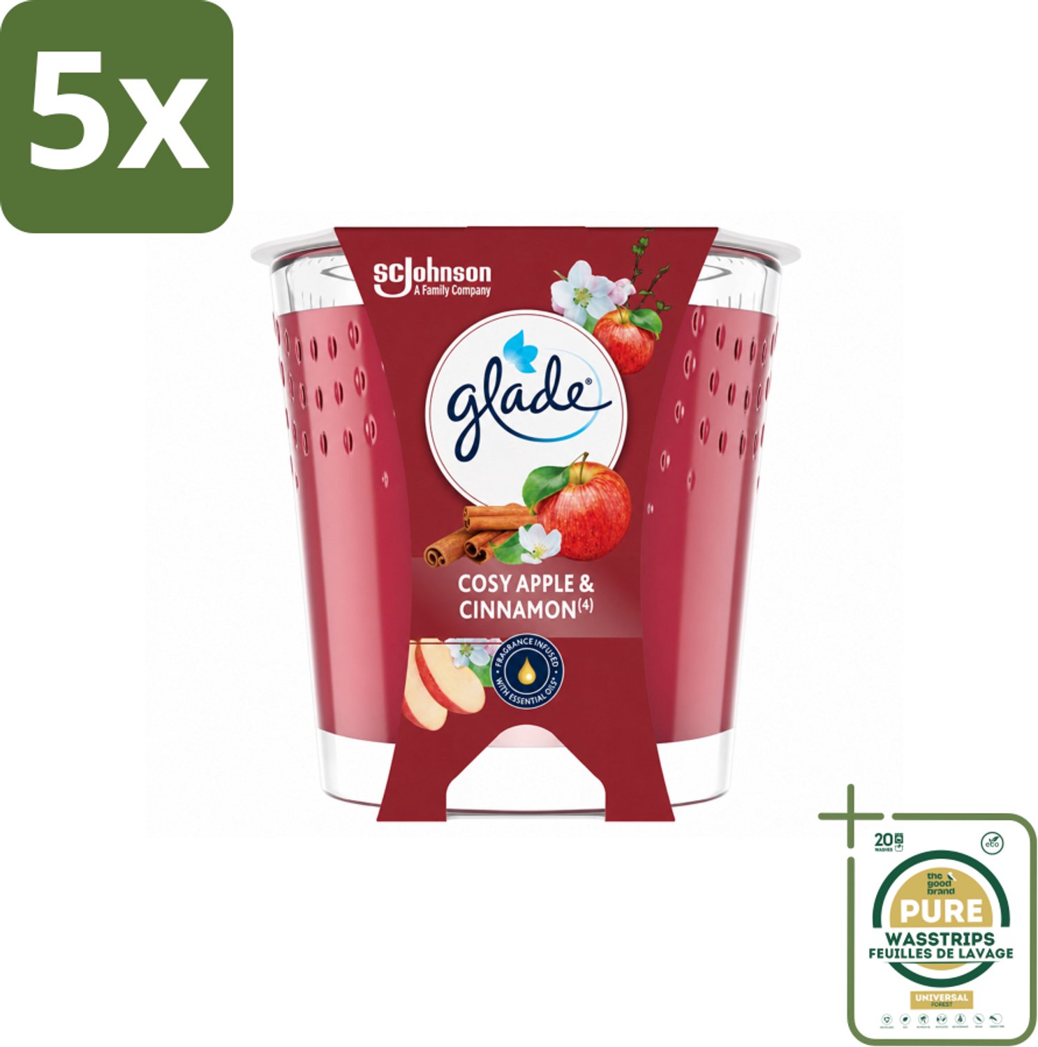 5 x Glade - Geurkaars Cosy Appel Kaneel - 100% Raapzaadwas & Vegan - 112 g - Wasstrips - Geurkaars - Vegan - Raapzaadwas - Appel Kaneel - Geur
