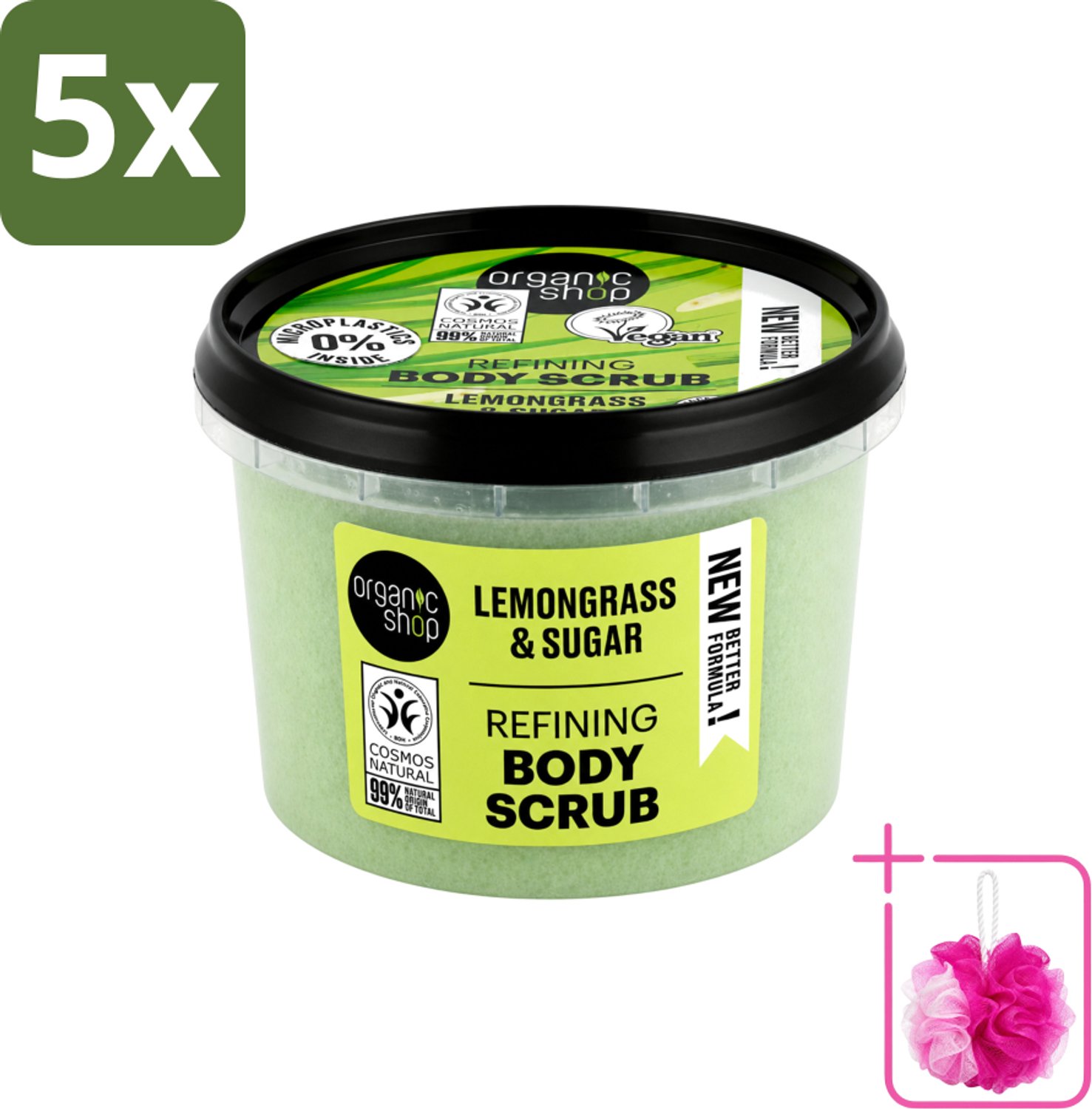 5 x Organic Shop - Body Scrub Lemongrass - Verfrissend en Verzorgend - 250 ml - Bulkverpakking - Bodyscrub - Douchemop - Exfoliatie