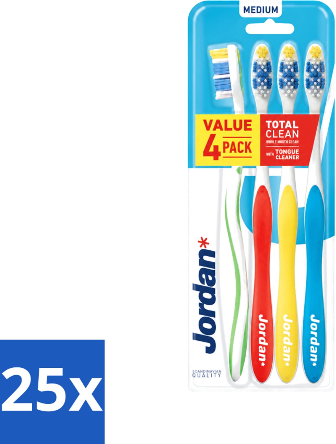 25 x Jordan - Total Clean - Tandenborstels Medium - 4 Tandenborstels - Voordeelverpakking - 25 stuks