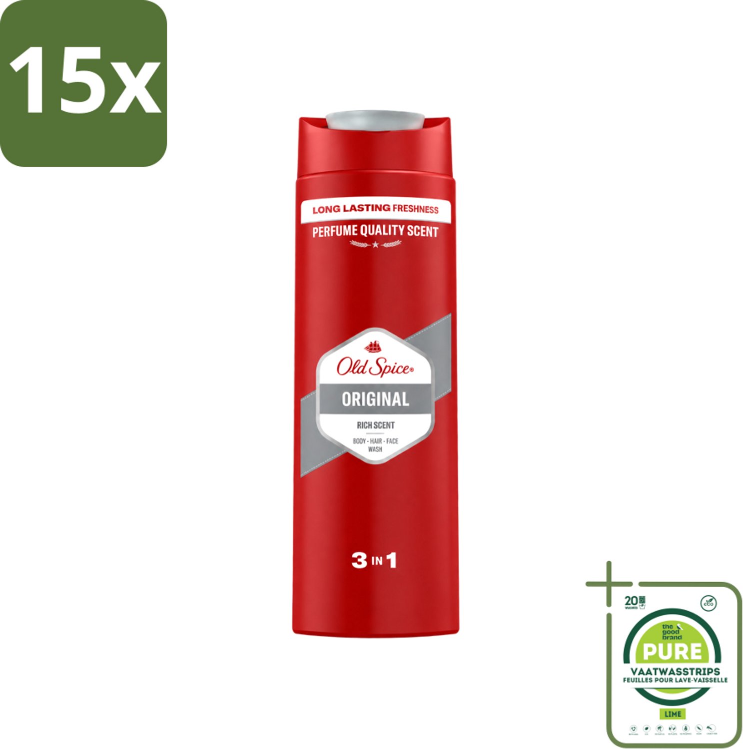 15 x Old Spice - Original - Douchegel 3-in-1 - Reinigt, Verfrist & Verzorgt - 400 ml - Grootverpakking - Vaatwasstrips - Douchegel - Reinigen - Verfrissen - Verzorgen - Lichaam