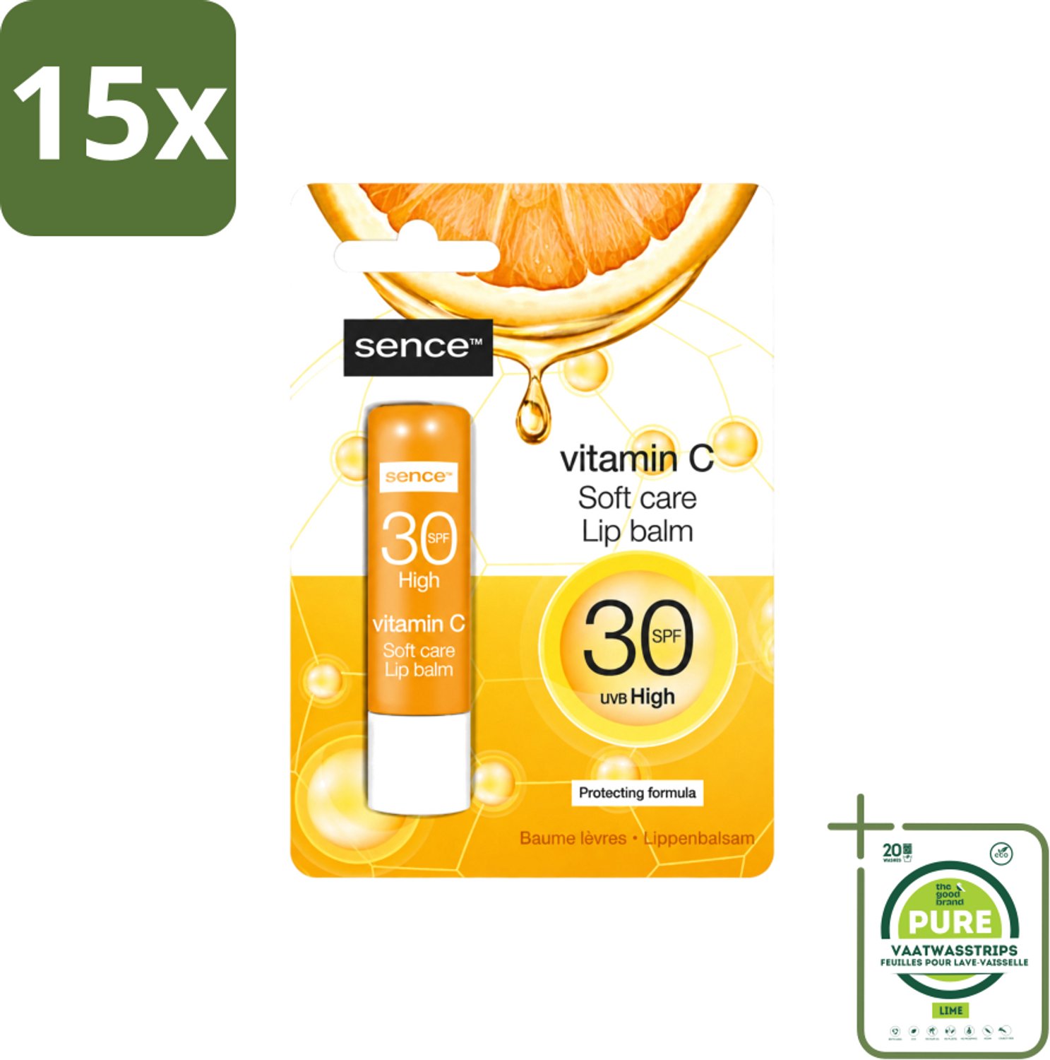 15 x Sence - Soft Care Vitamin C - Lippenbalsem - Hydraterend - 4,3 g - Grootverpakking - Vaatwasstrips - Lippenbalsem - Vitamine C - Hydratatie - Verzorging - Droge Lippen